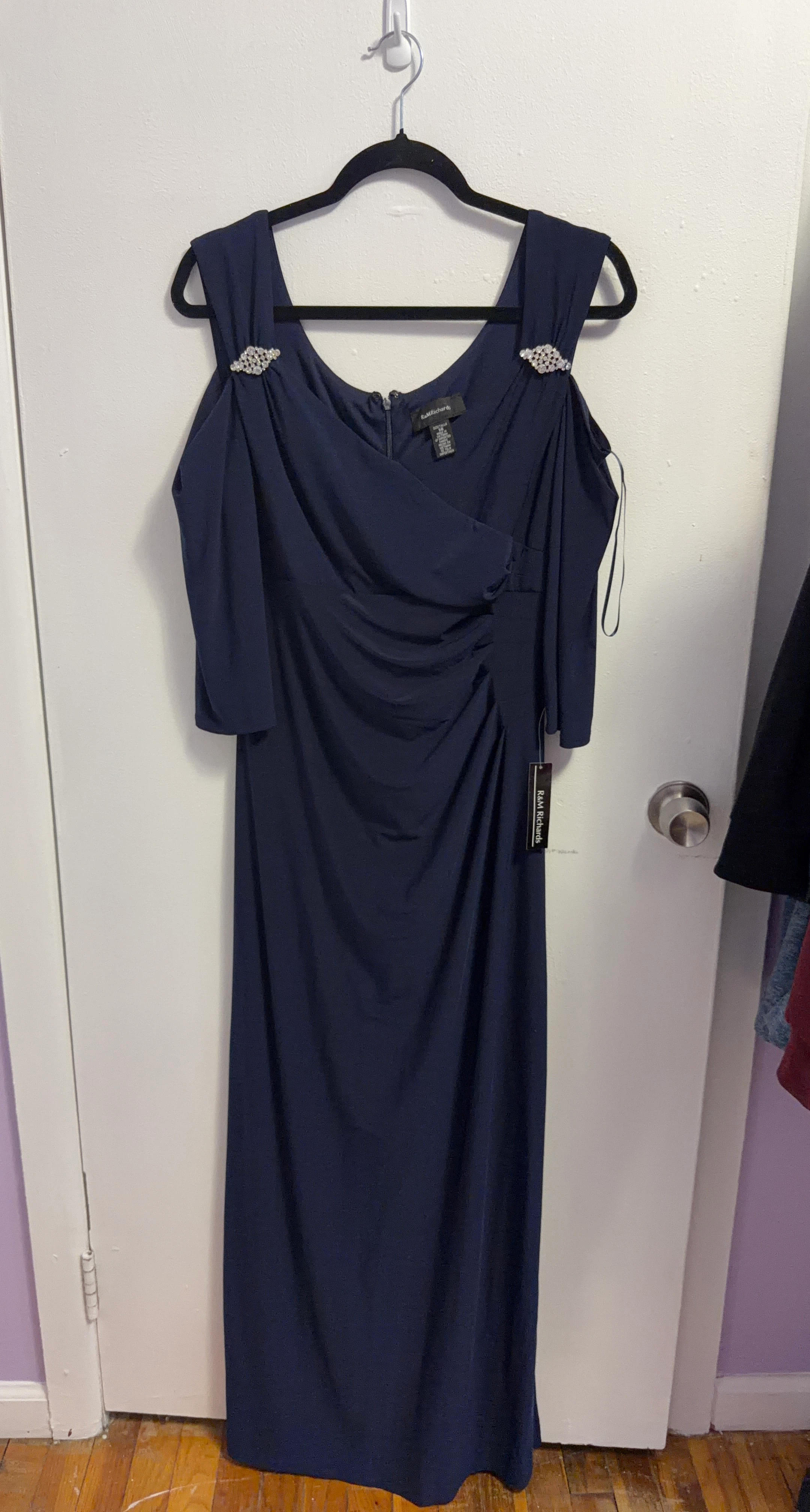 R&M Richards Navy Blue Embellished Cold Shoulder Dress Size 14