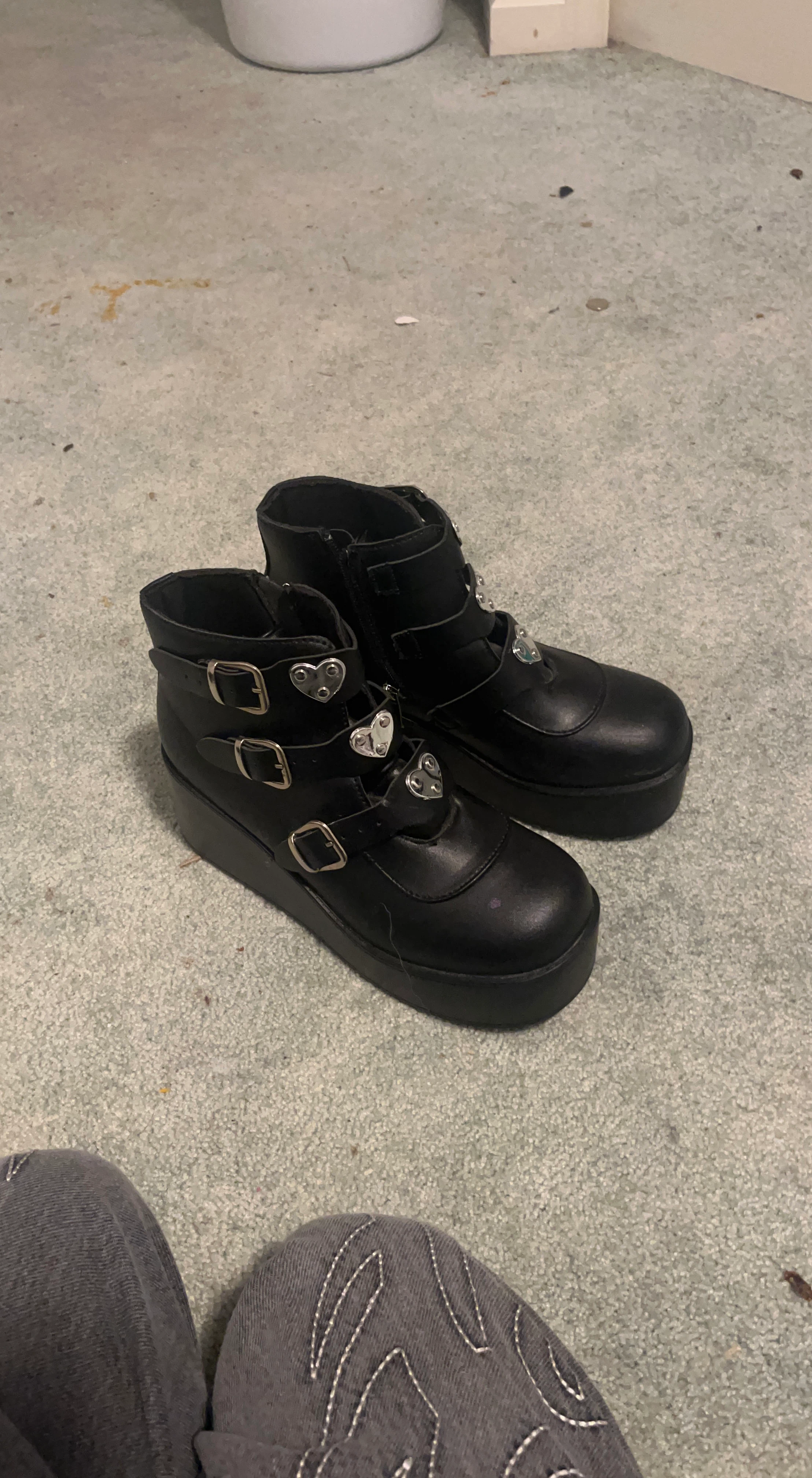 Black Platform Boots with Heart Buckles