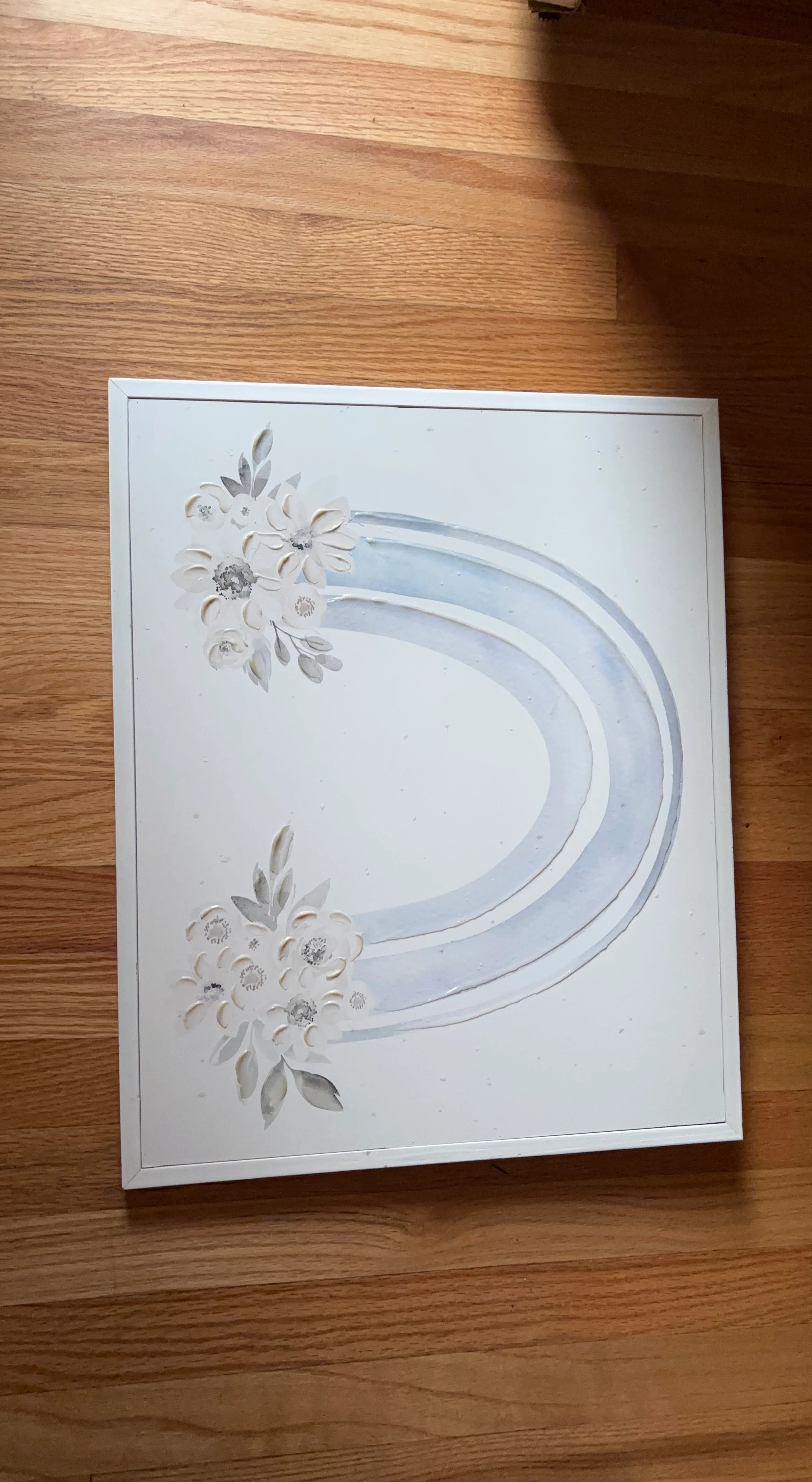 White Framed Wall Art with Floral and Rainbow Design