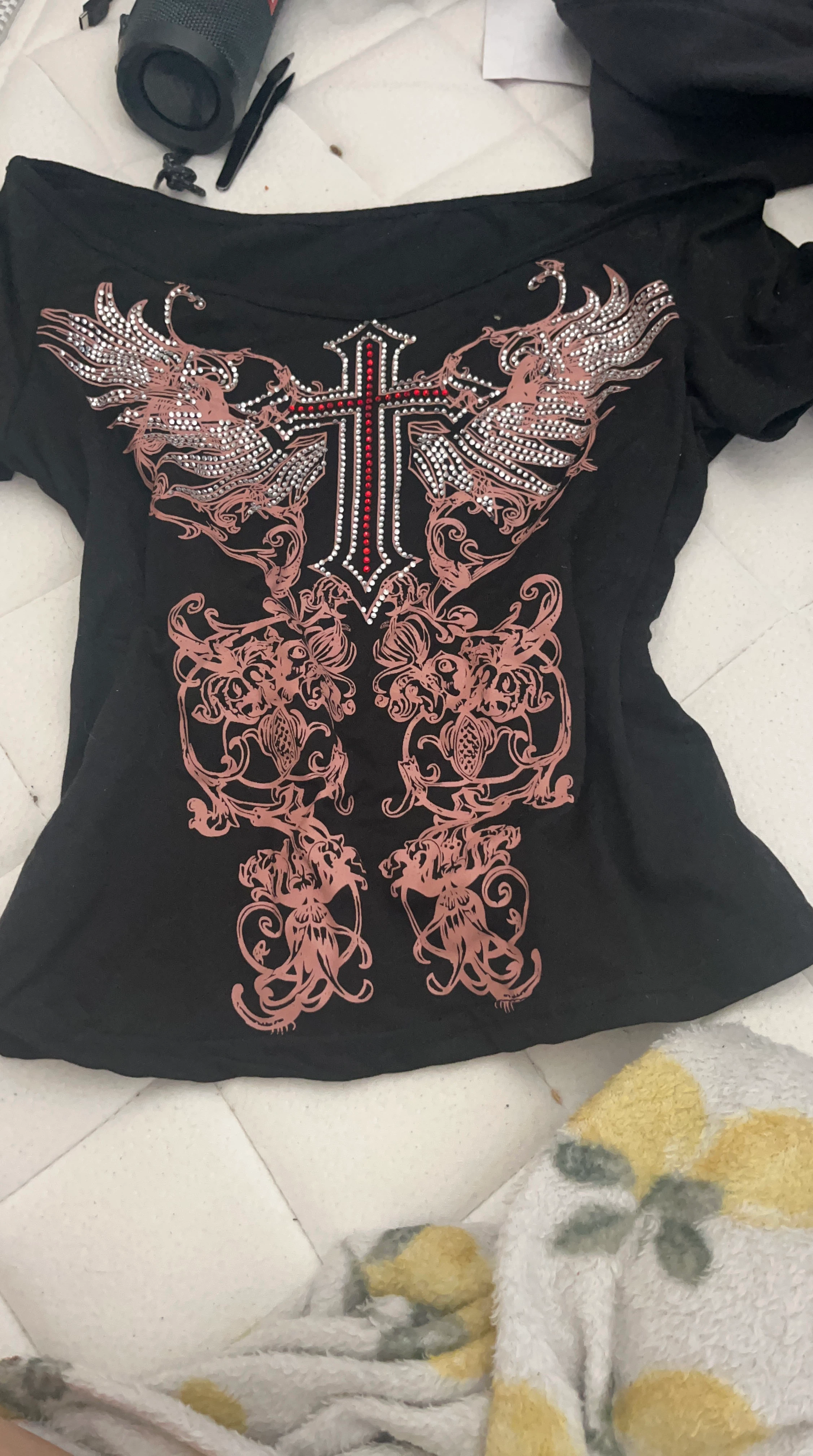 Black embellished t-shirt with cross design