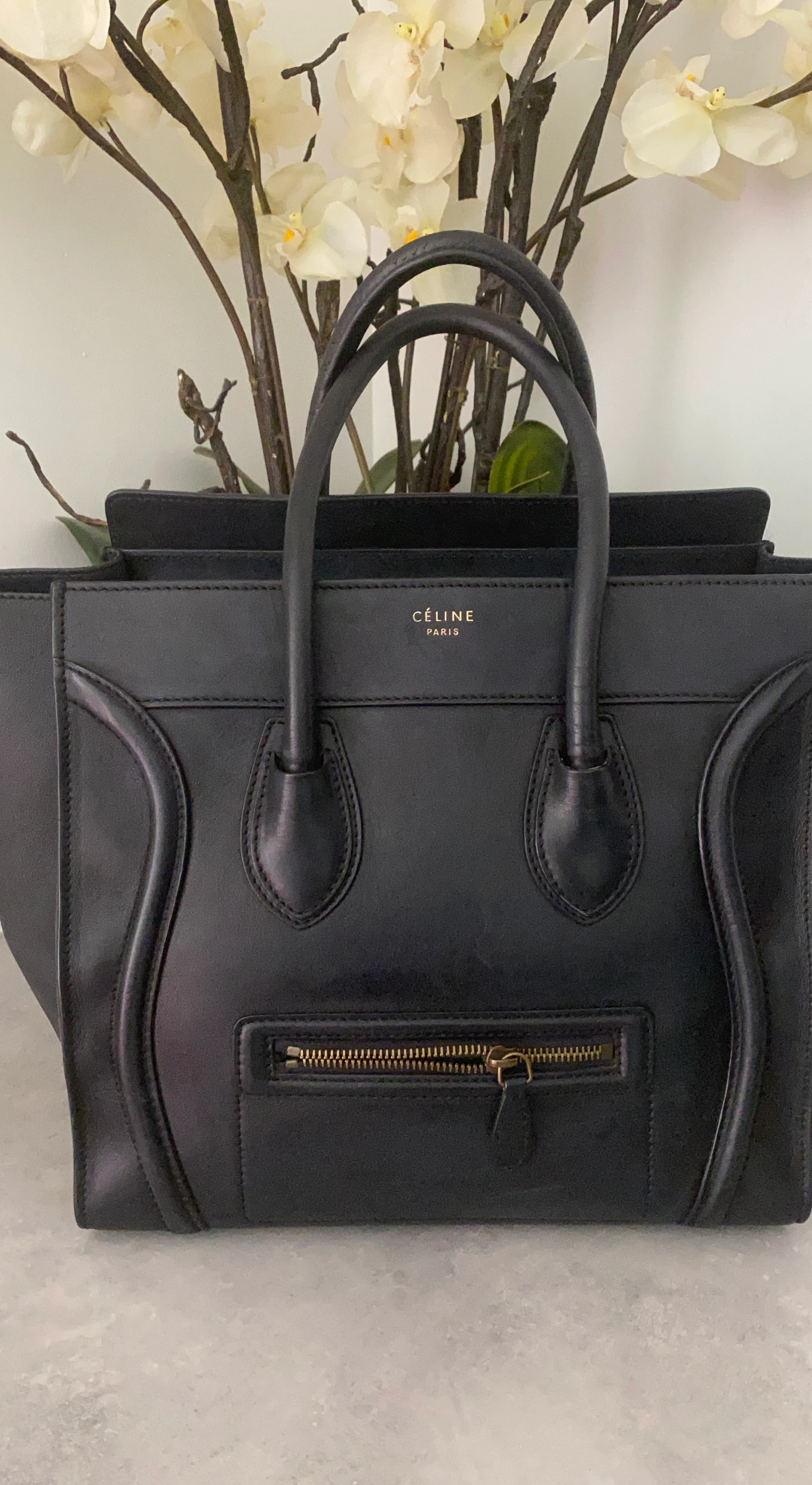 Celine Black Leather laggage Tote Bag