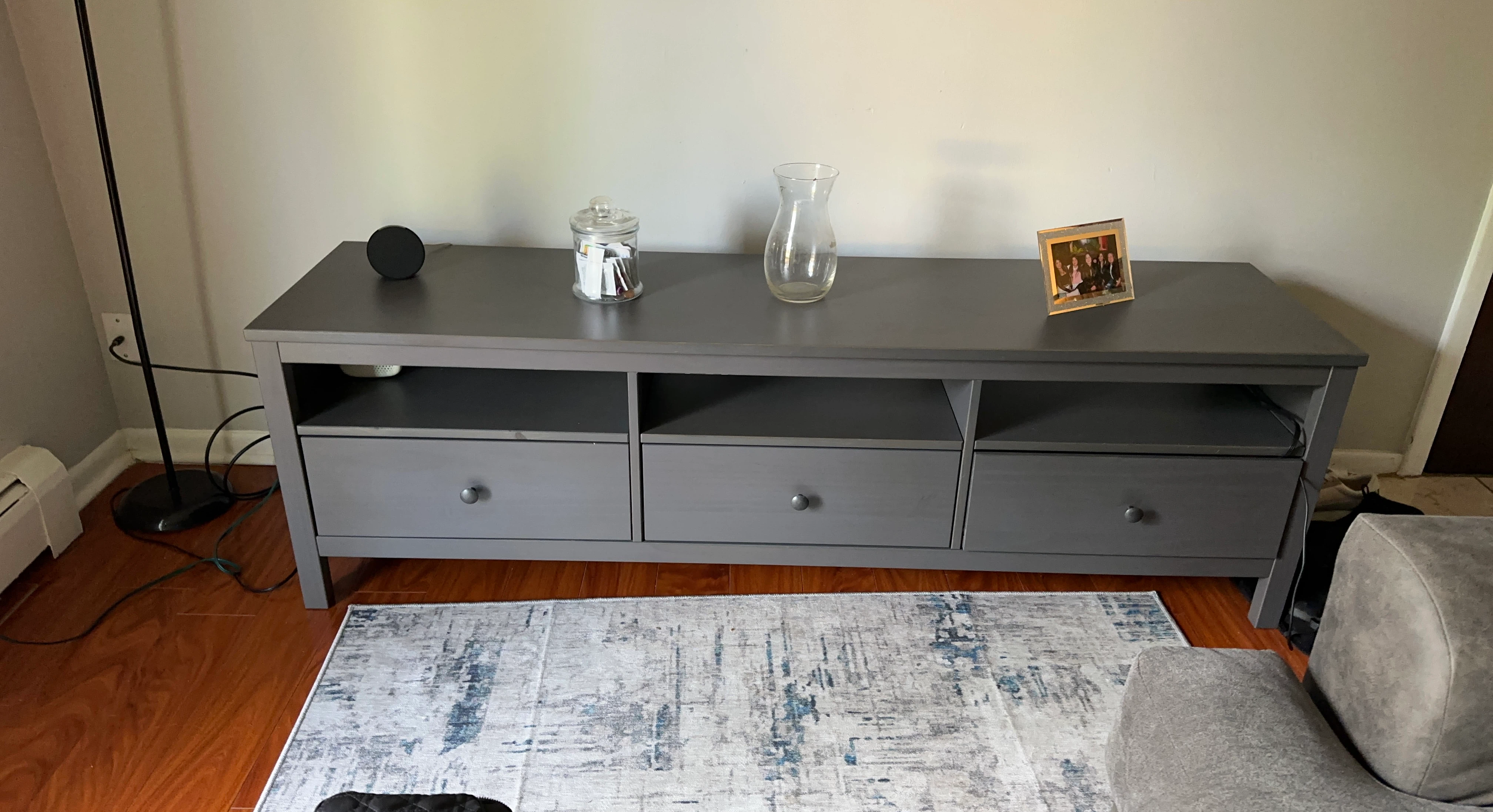 Gray TV Stand with Drawers and Shelves