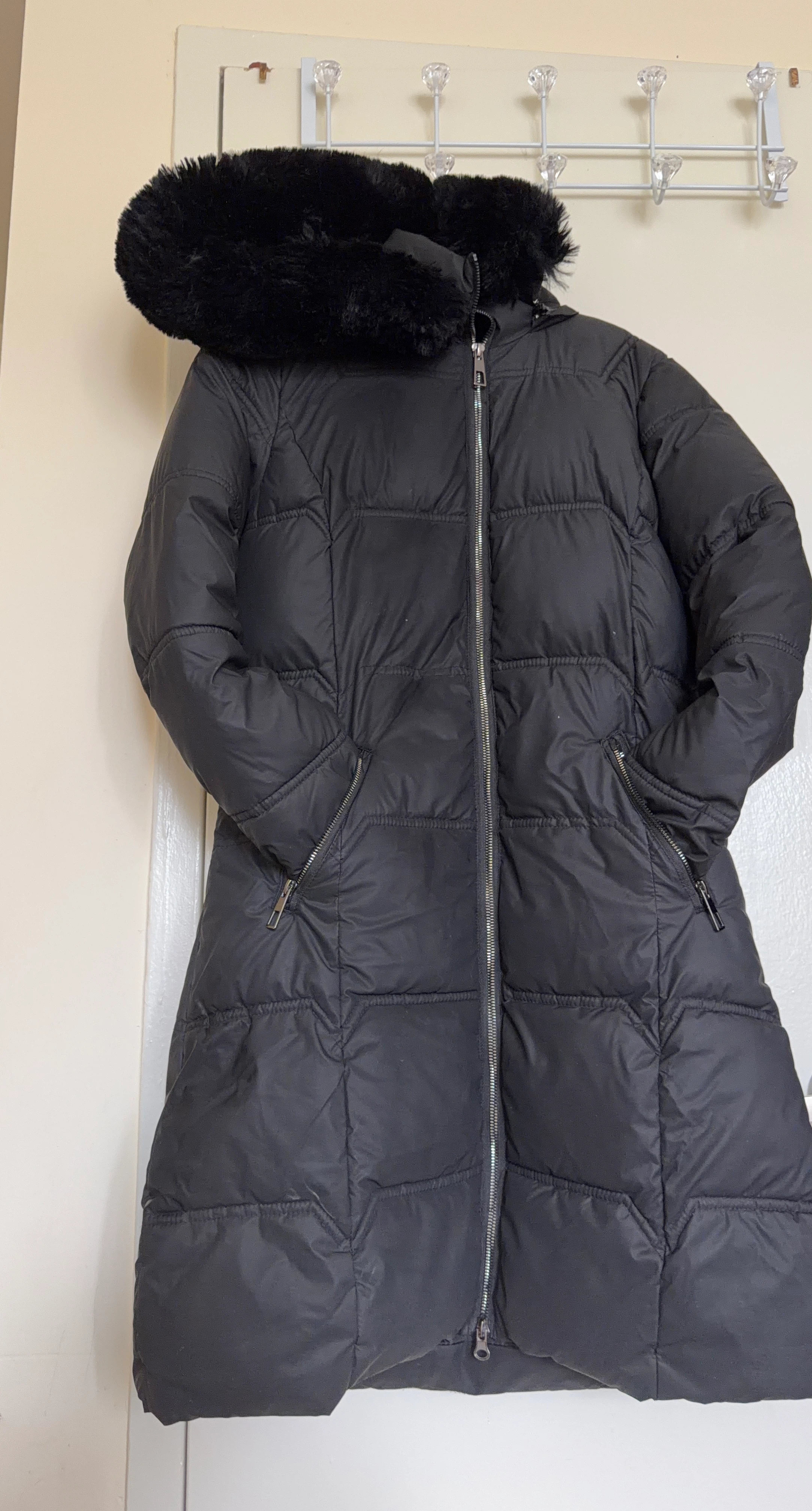 Black Puffer Coat with Fur Trim Hood