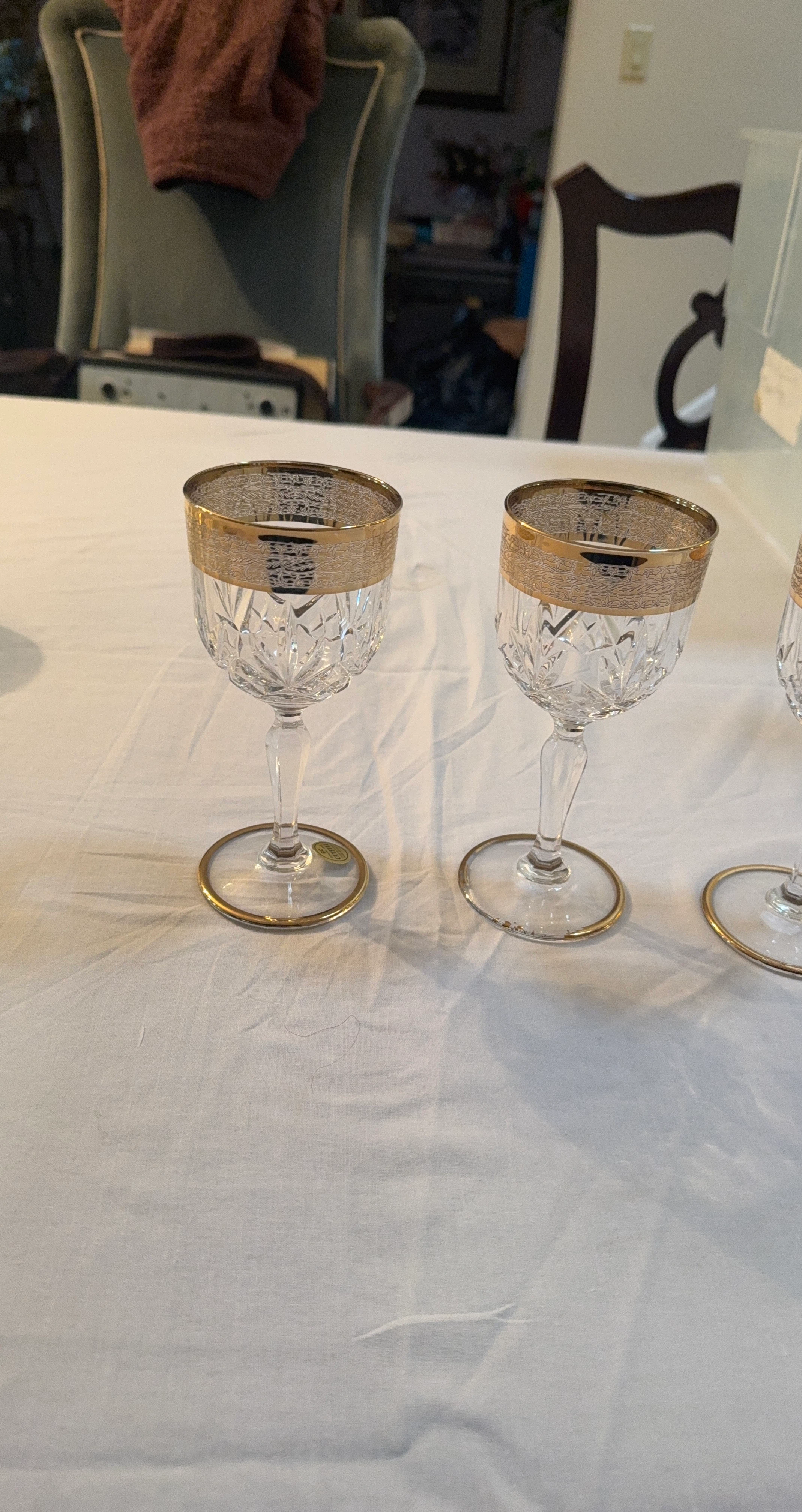 Set of 3 Crystal Wine Glasses with Gold Rim