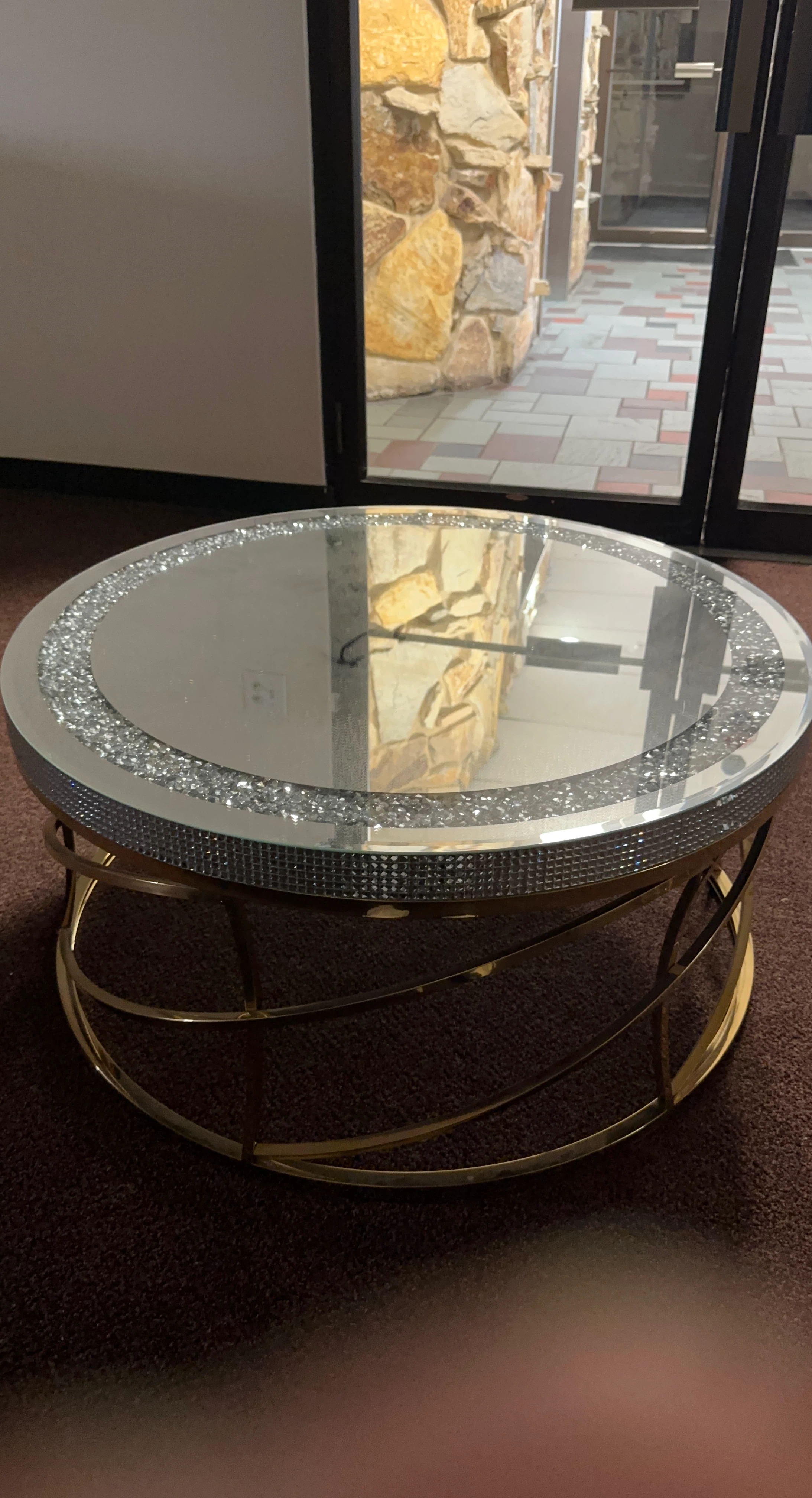 Round Mirrored Coffee Table with Rhinestone Trim