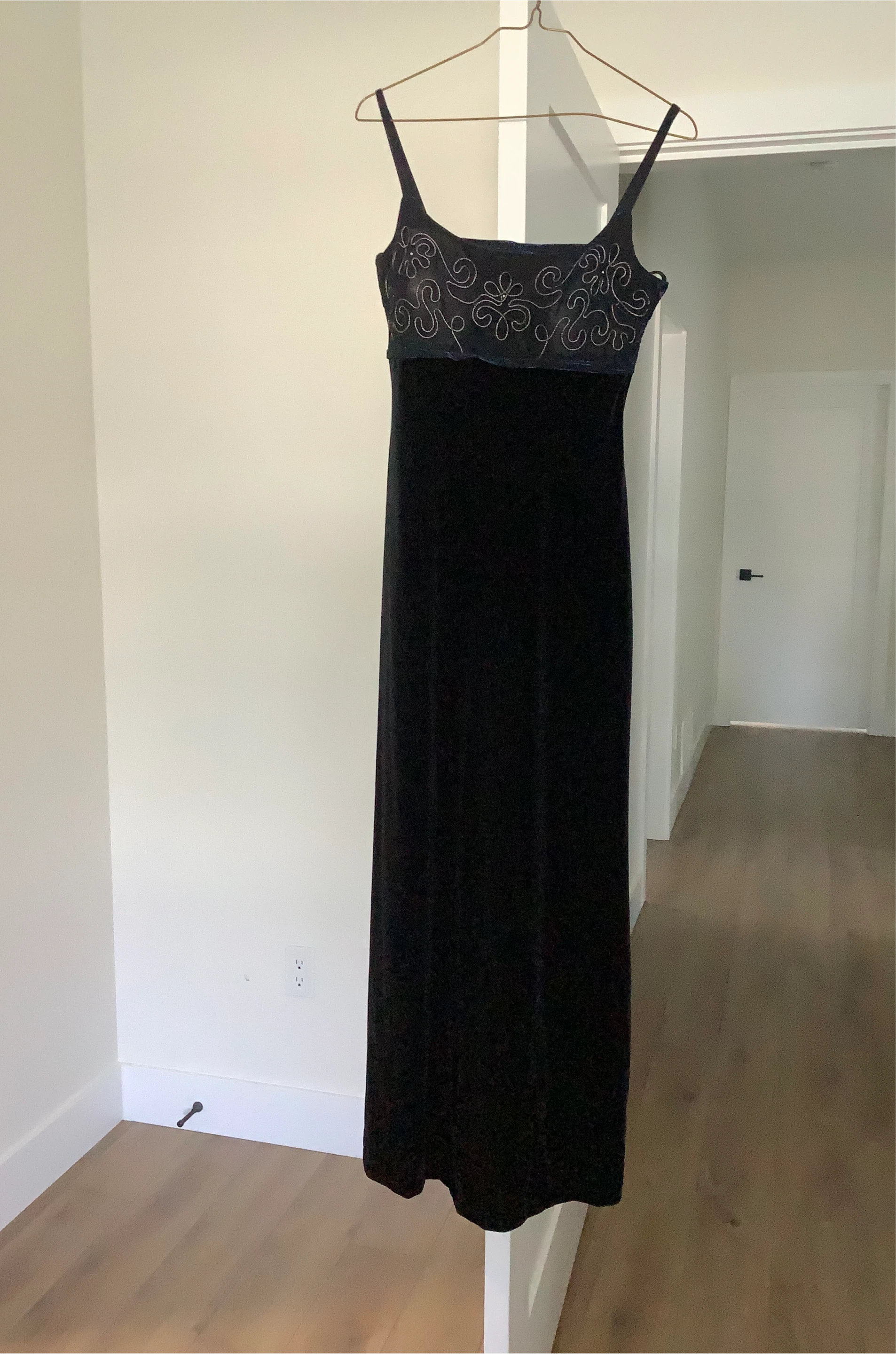 Black Velvet Maxi Dress with Beaded Bodice