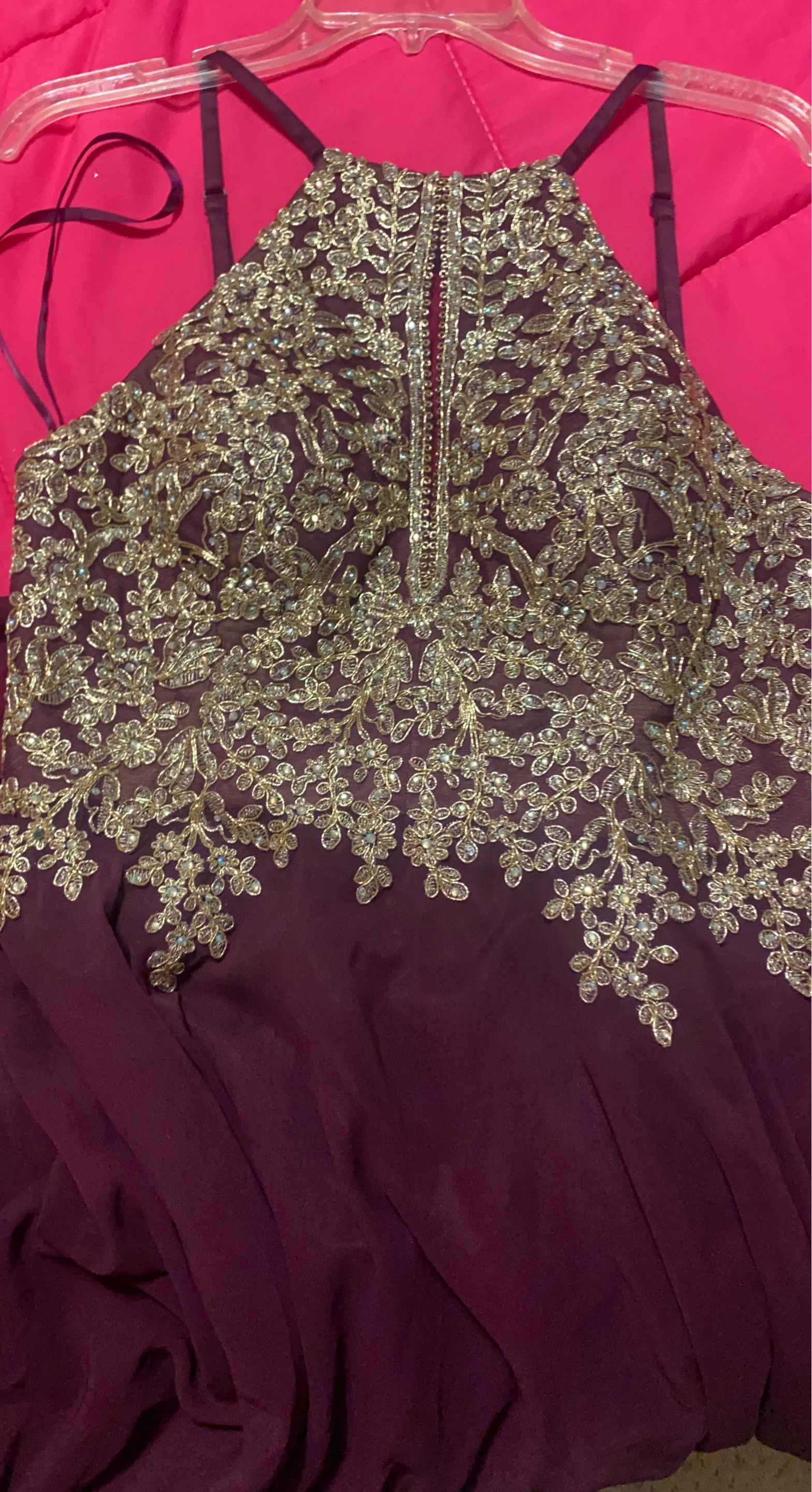 Burgundy Embellished Halter Neck Dress