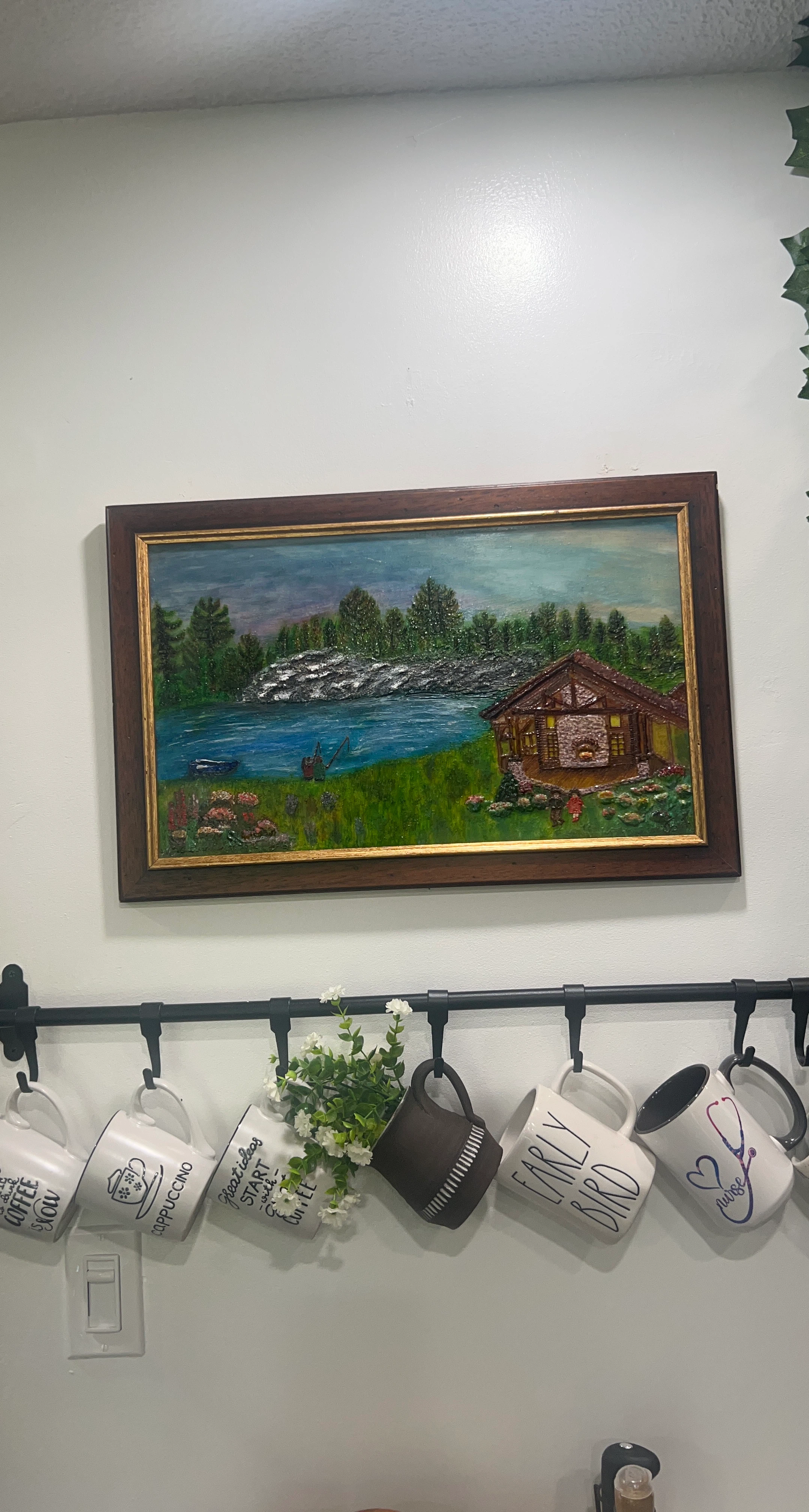 Framed Cabin and Lake Landscape Painting