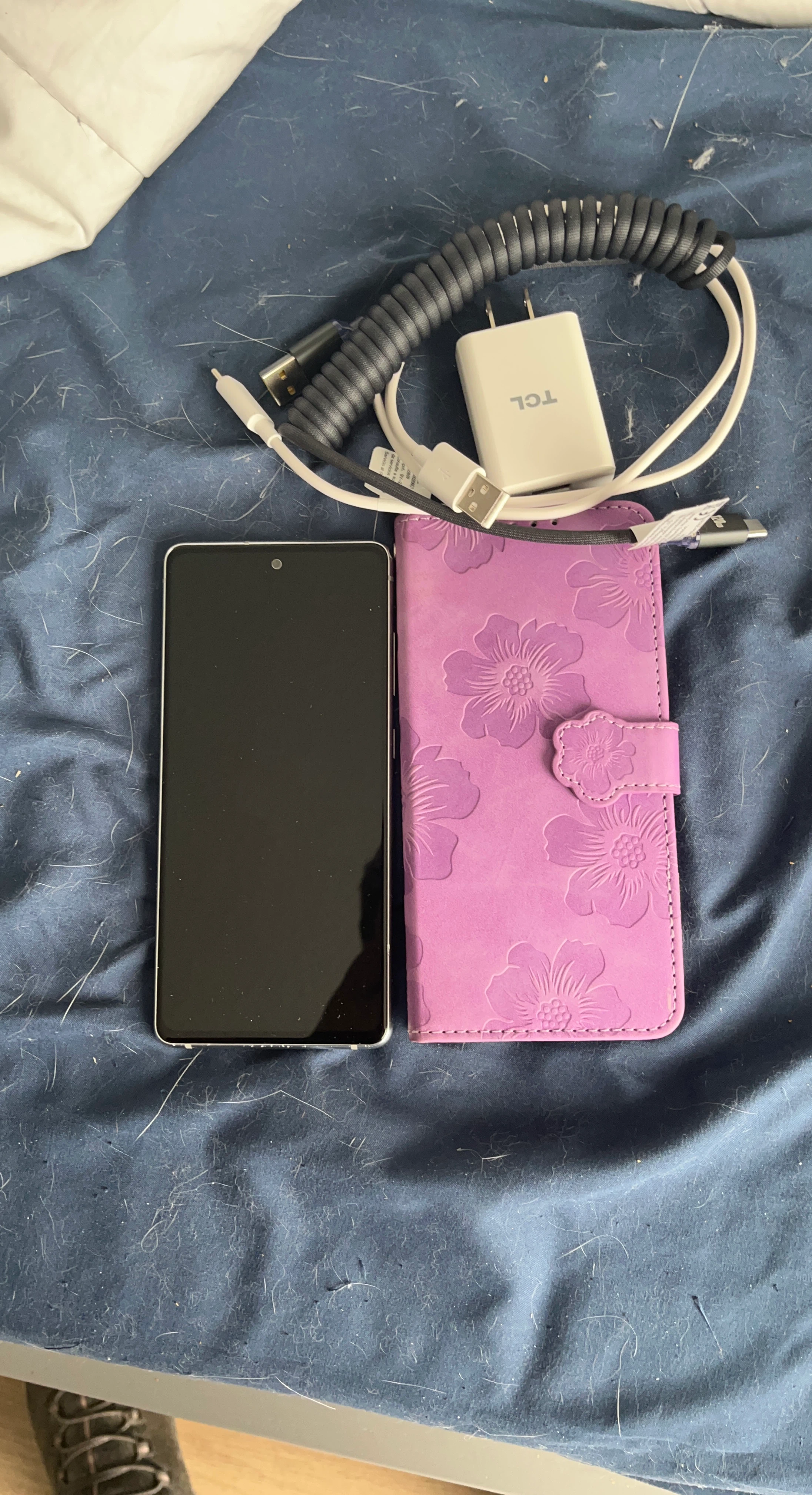 TCL Phone with Charger and Purple Floral Case