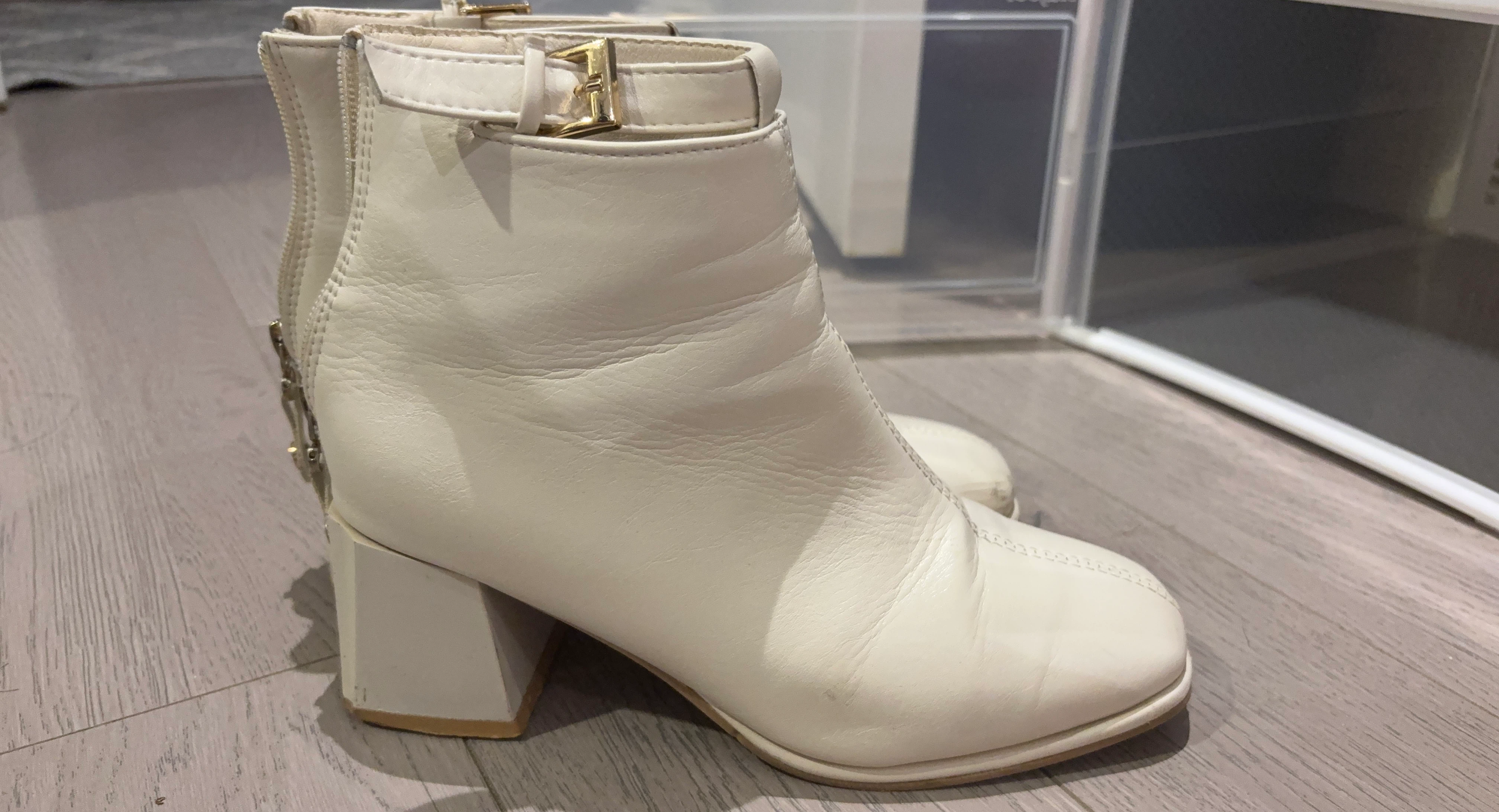Cream Leather Ankle Boots with Buckle Detail