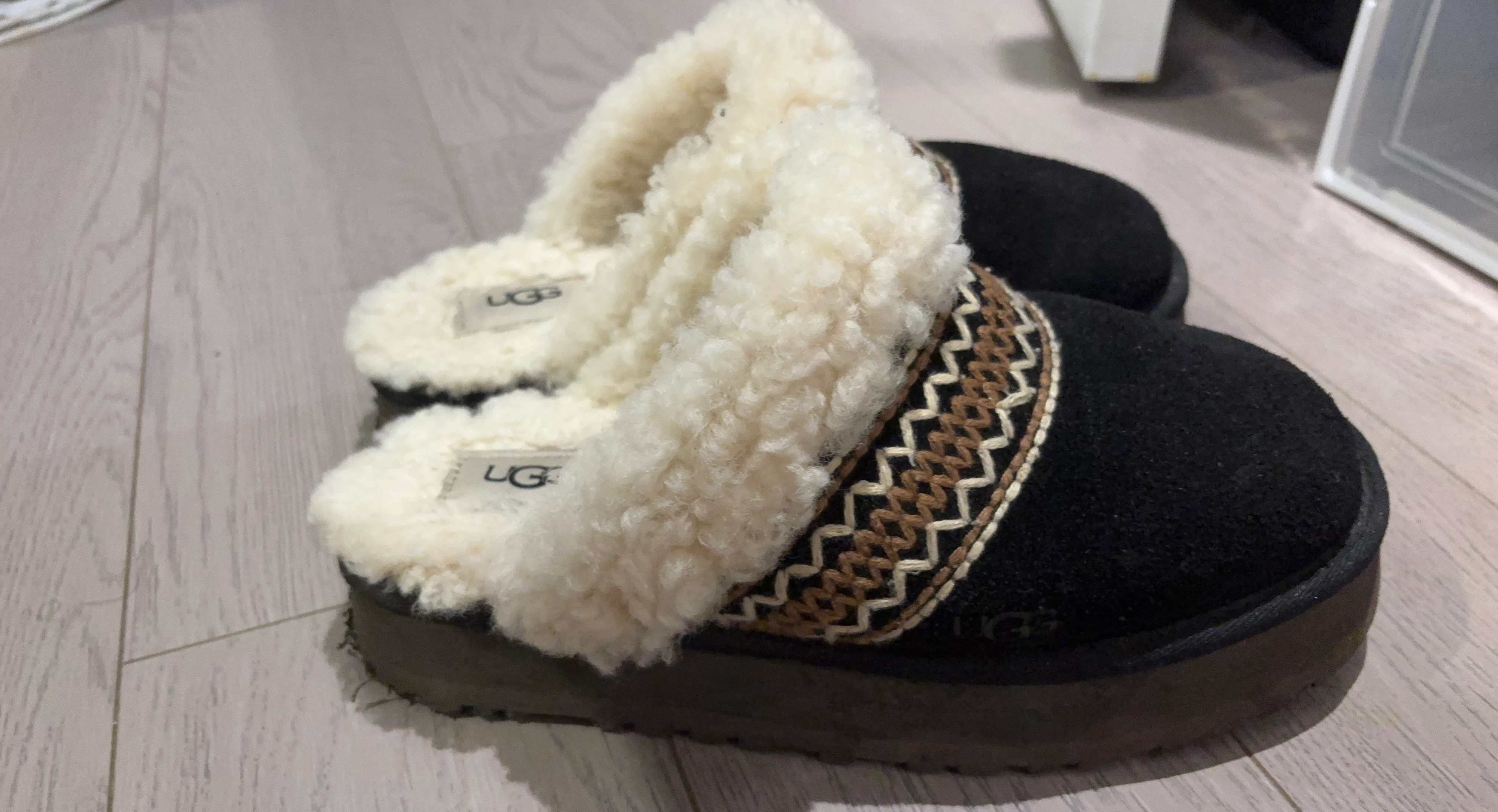 UGG Black Suede Sheepskin Lined Slippers
