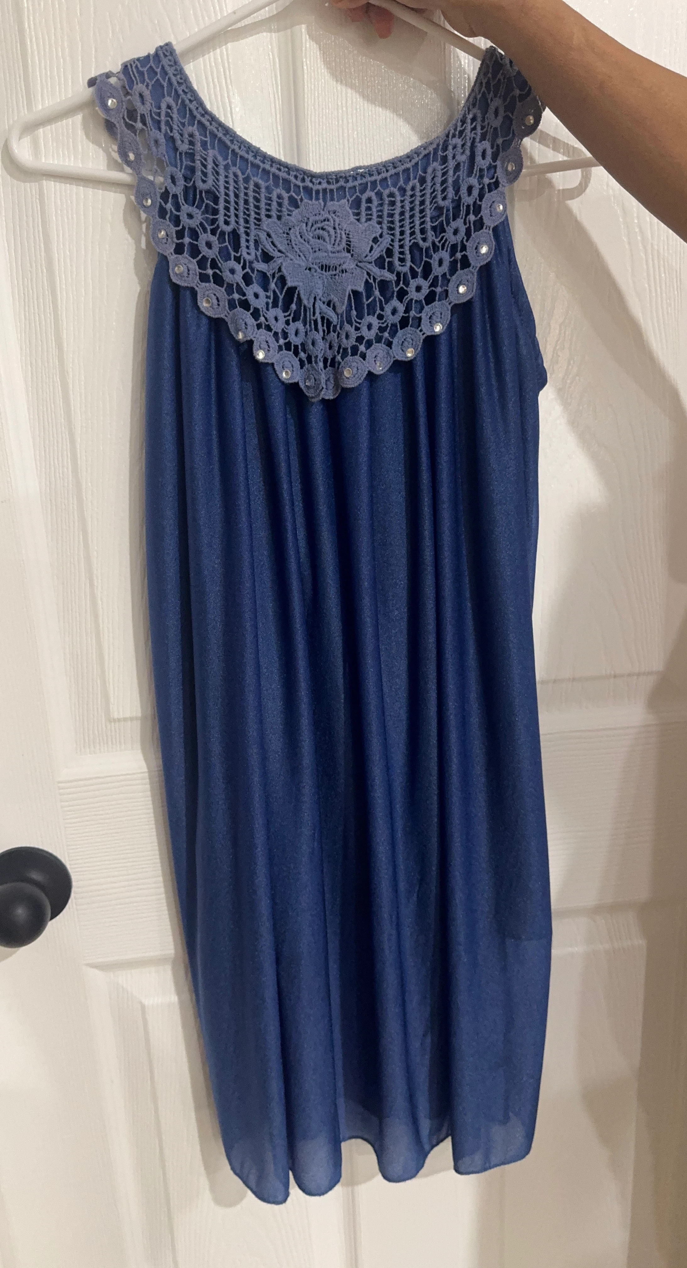 Blue Crochet Neck Dress with Rhinestones