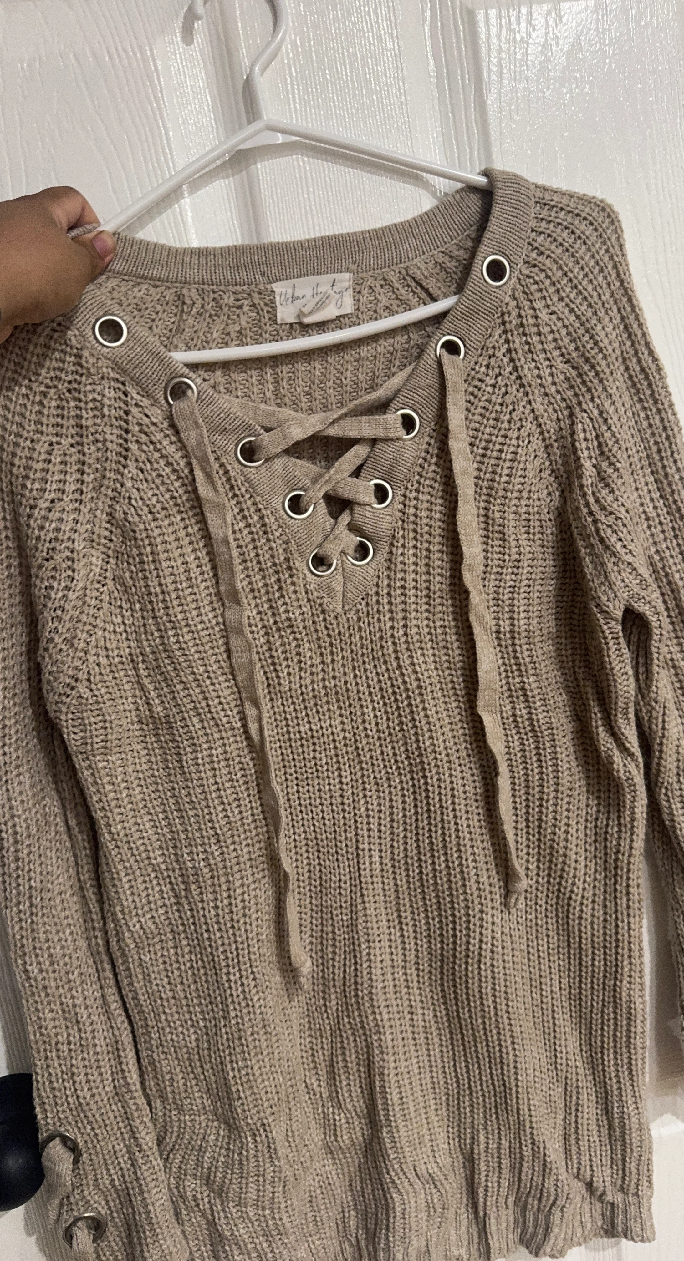 Urban Heritage Taupe Lace-Up Knit Sweater