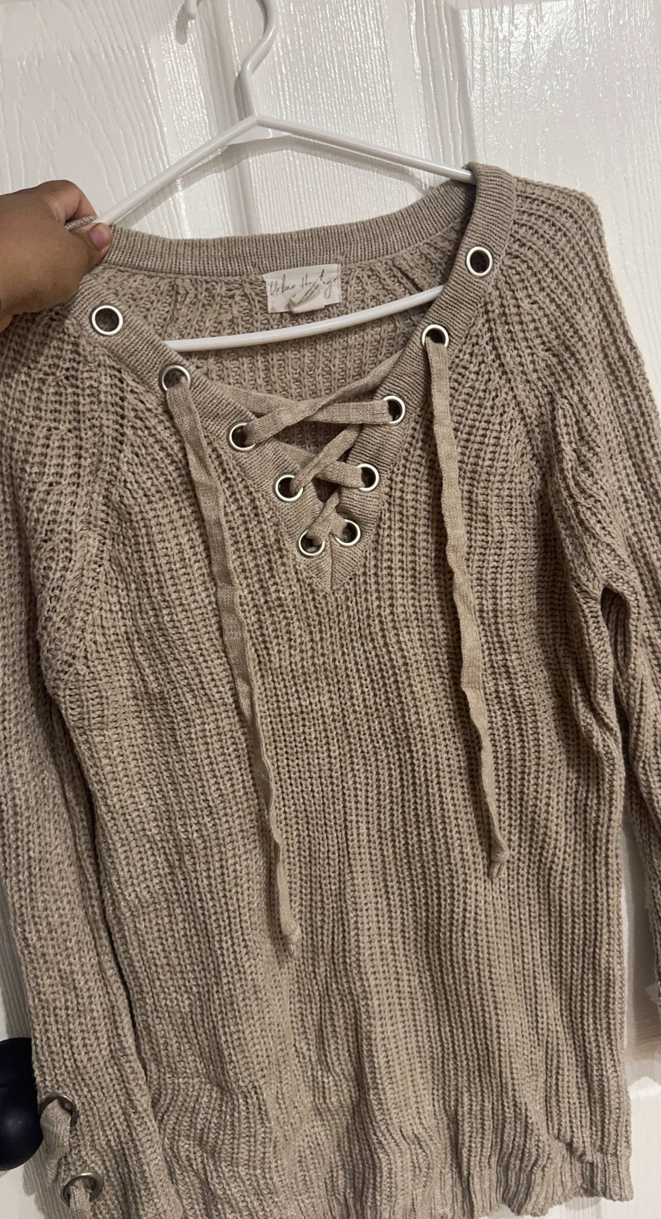 Urban Heritage Taupe Lace-Up Knit Sweater