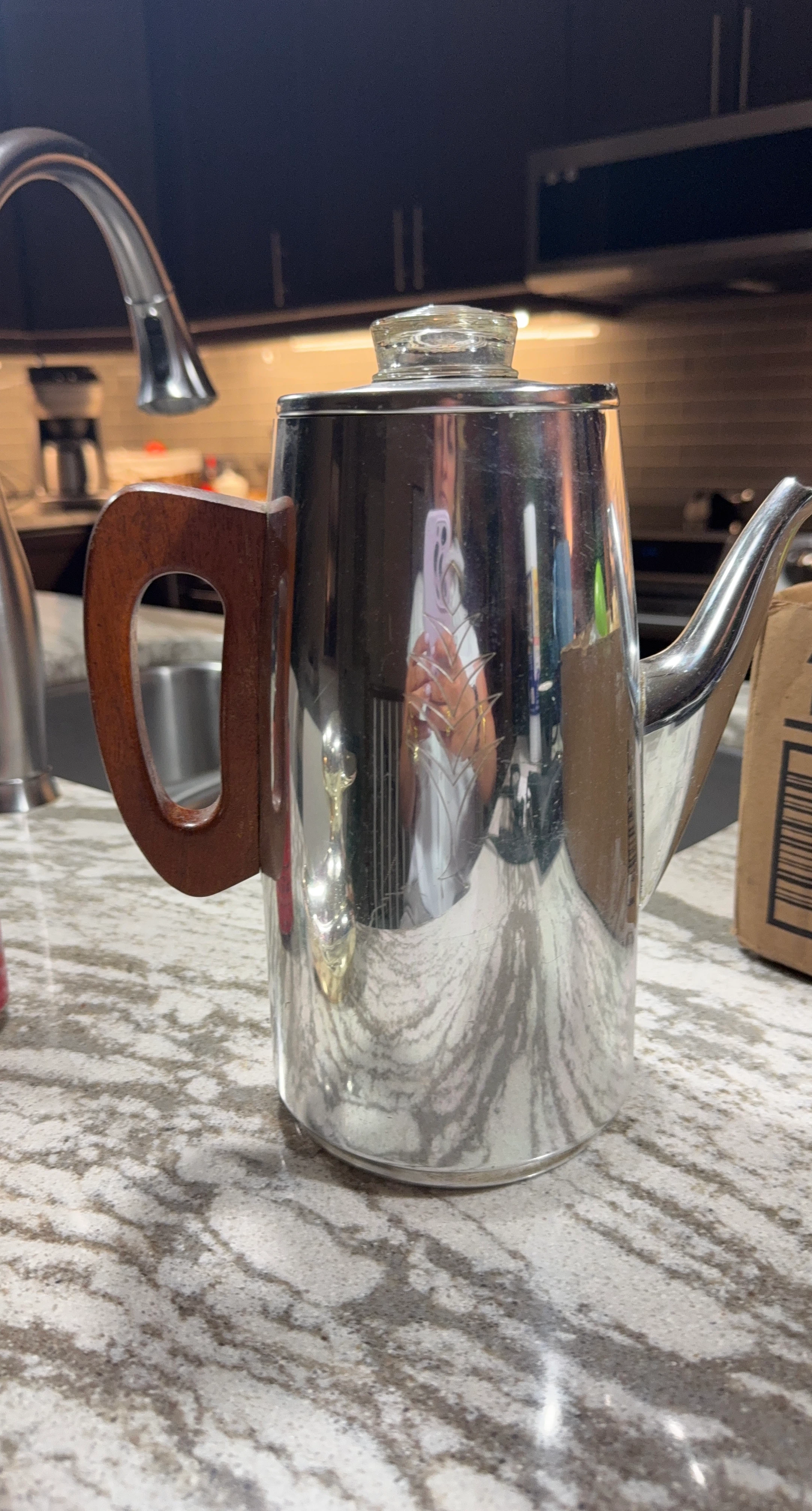 Vintage Chrome Coffee Pot with Wood Handle