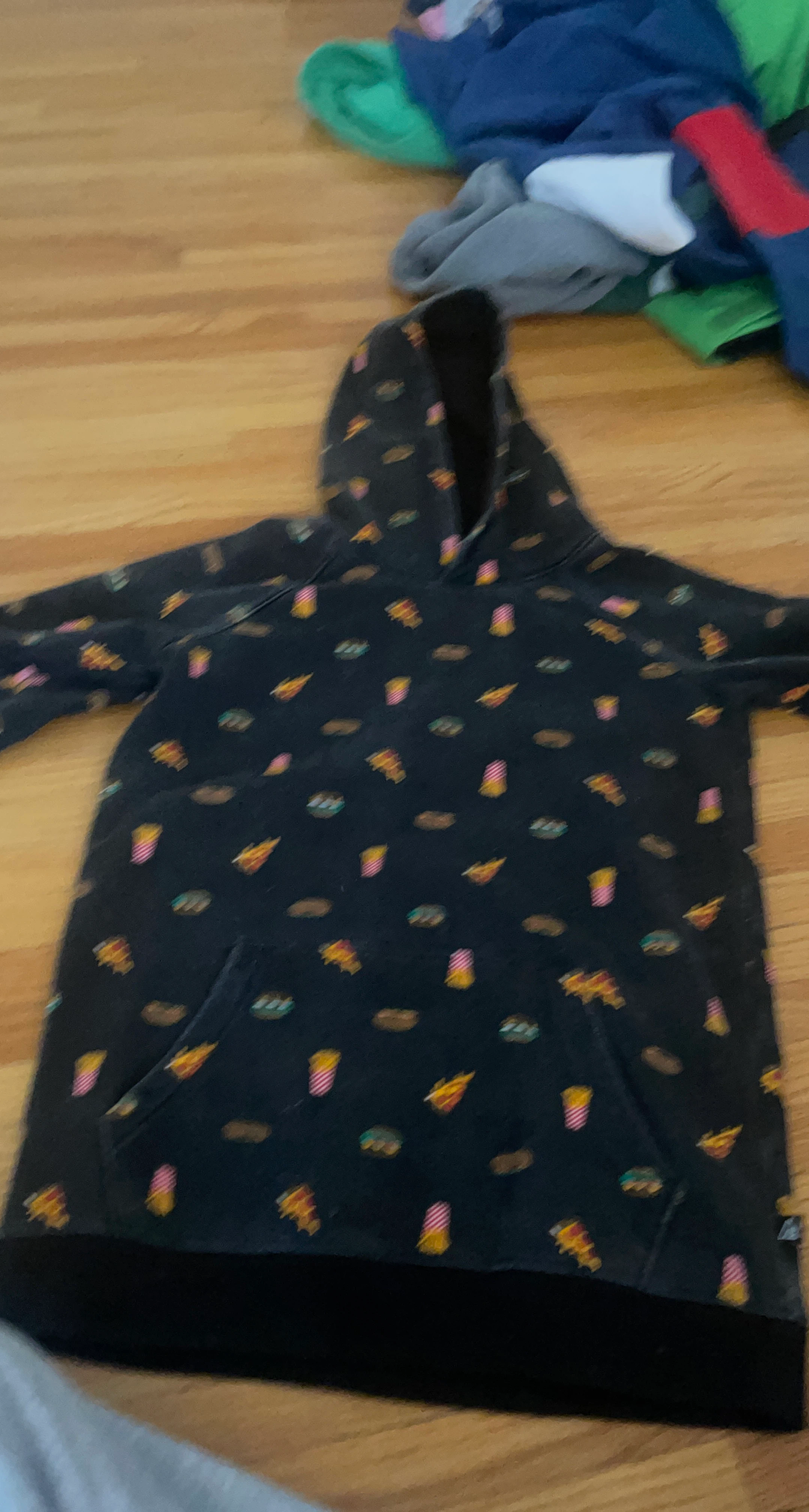 Black Hoodie with Fast Food Print rip zone