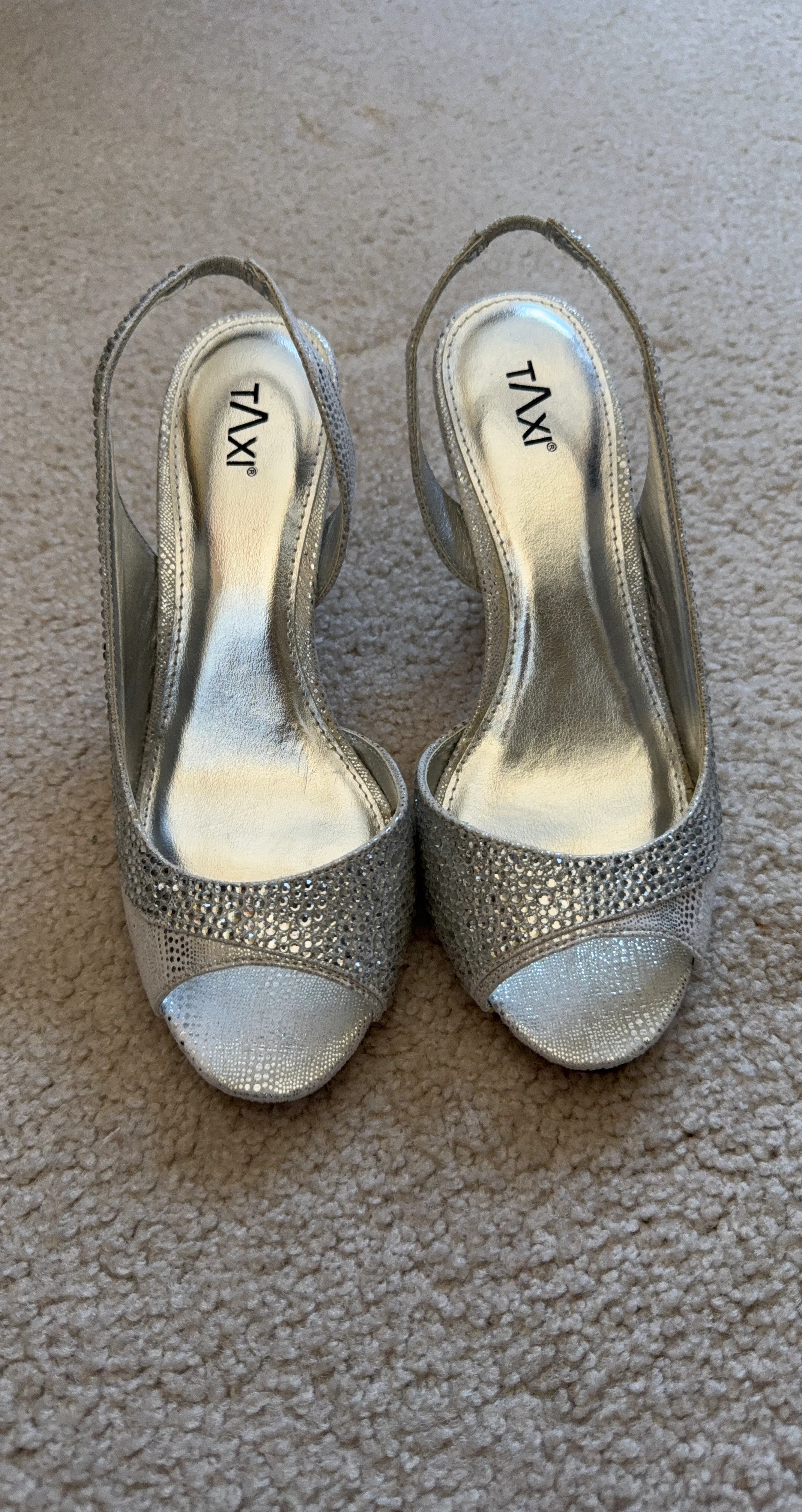 TAXI Silver Slingback Heels with Rhinestones - Size 36