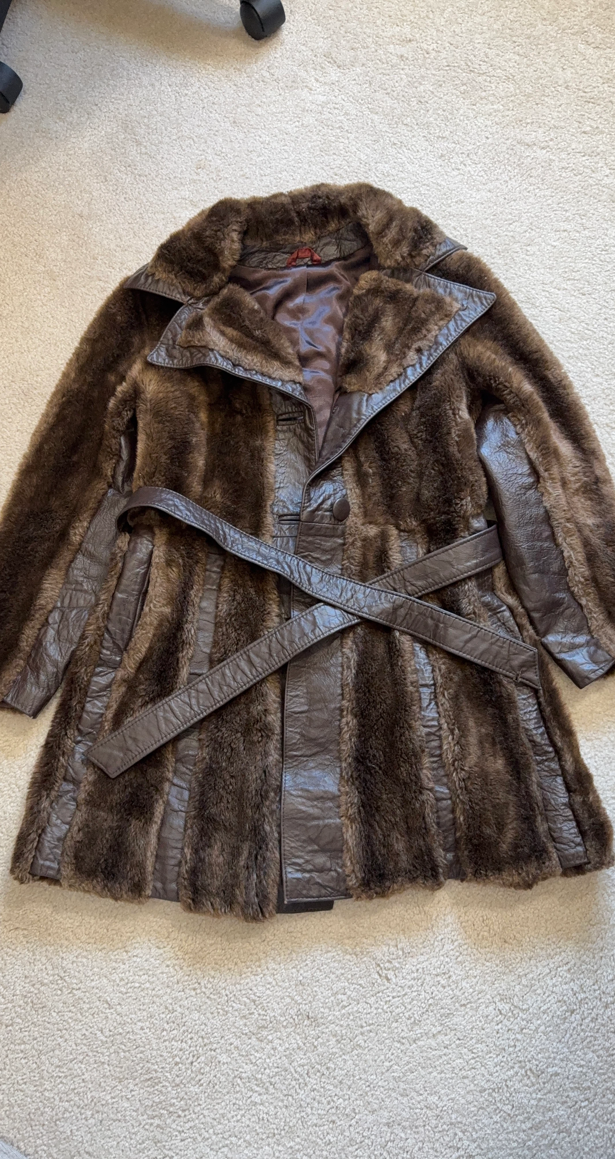 Brown Faux Fur and Leather Trimmed Coat with Belt