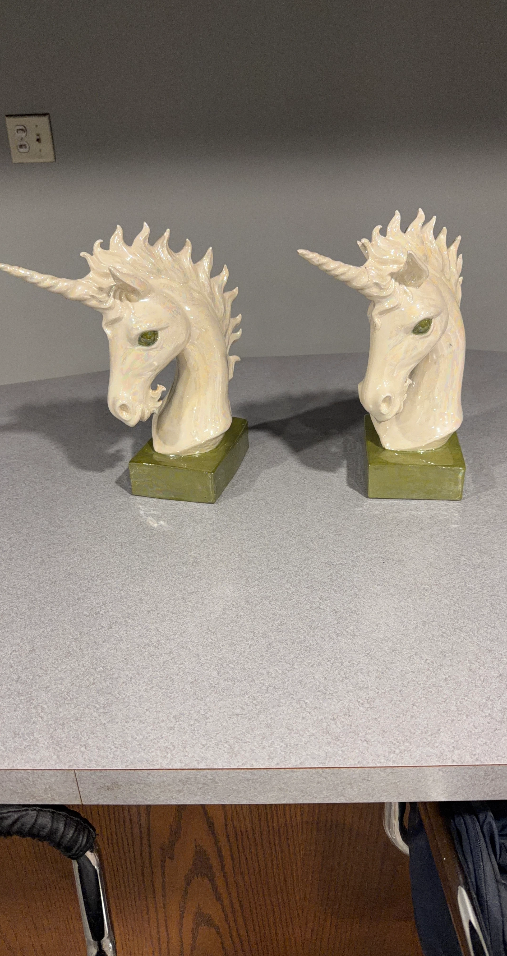 Pair of Cream Unicorn Head Statues
