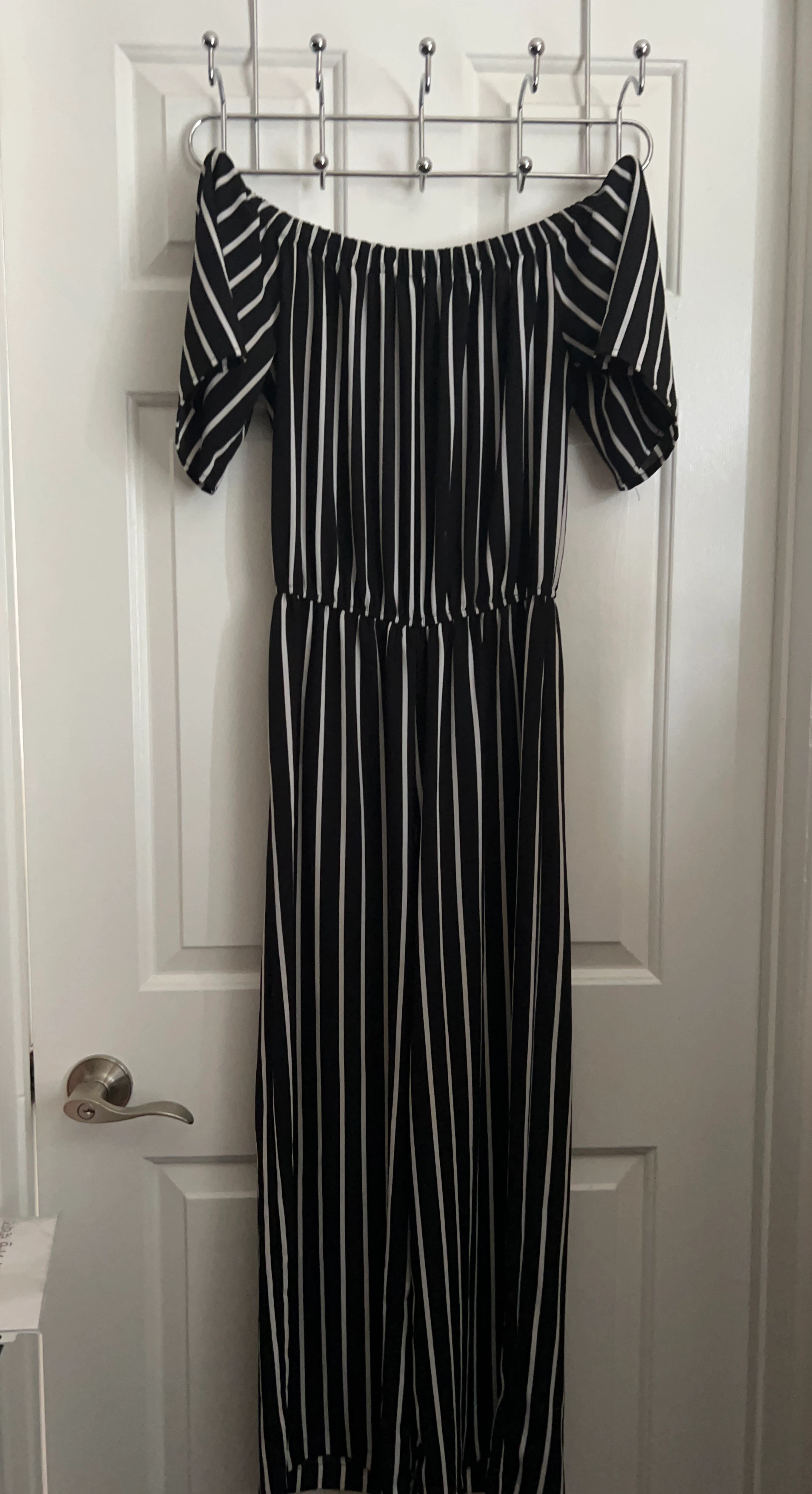 Black and White Striped Off-the-Shoulder Jumpsuit