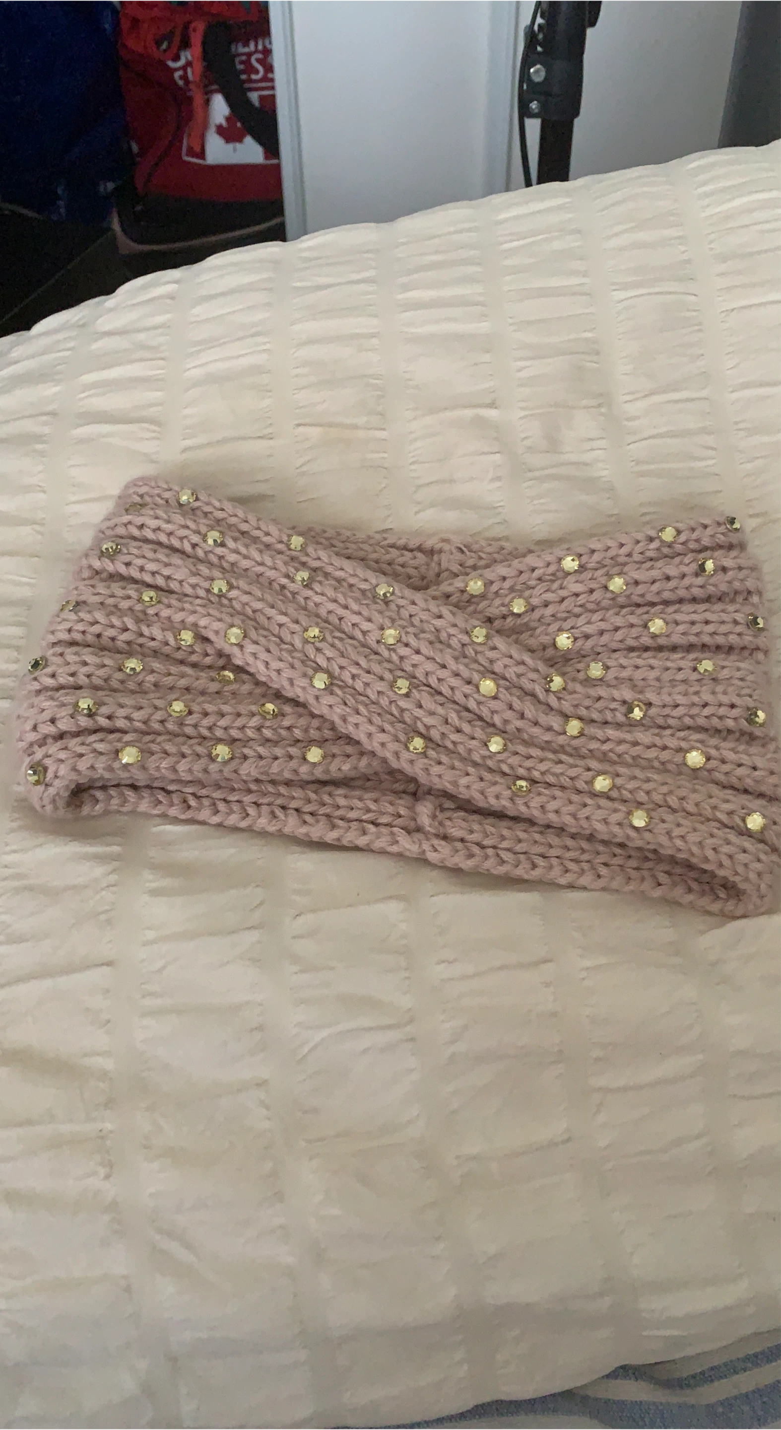 Pink Knit Ear Warmer with Rhinestones