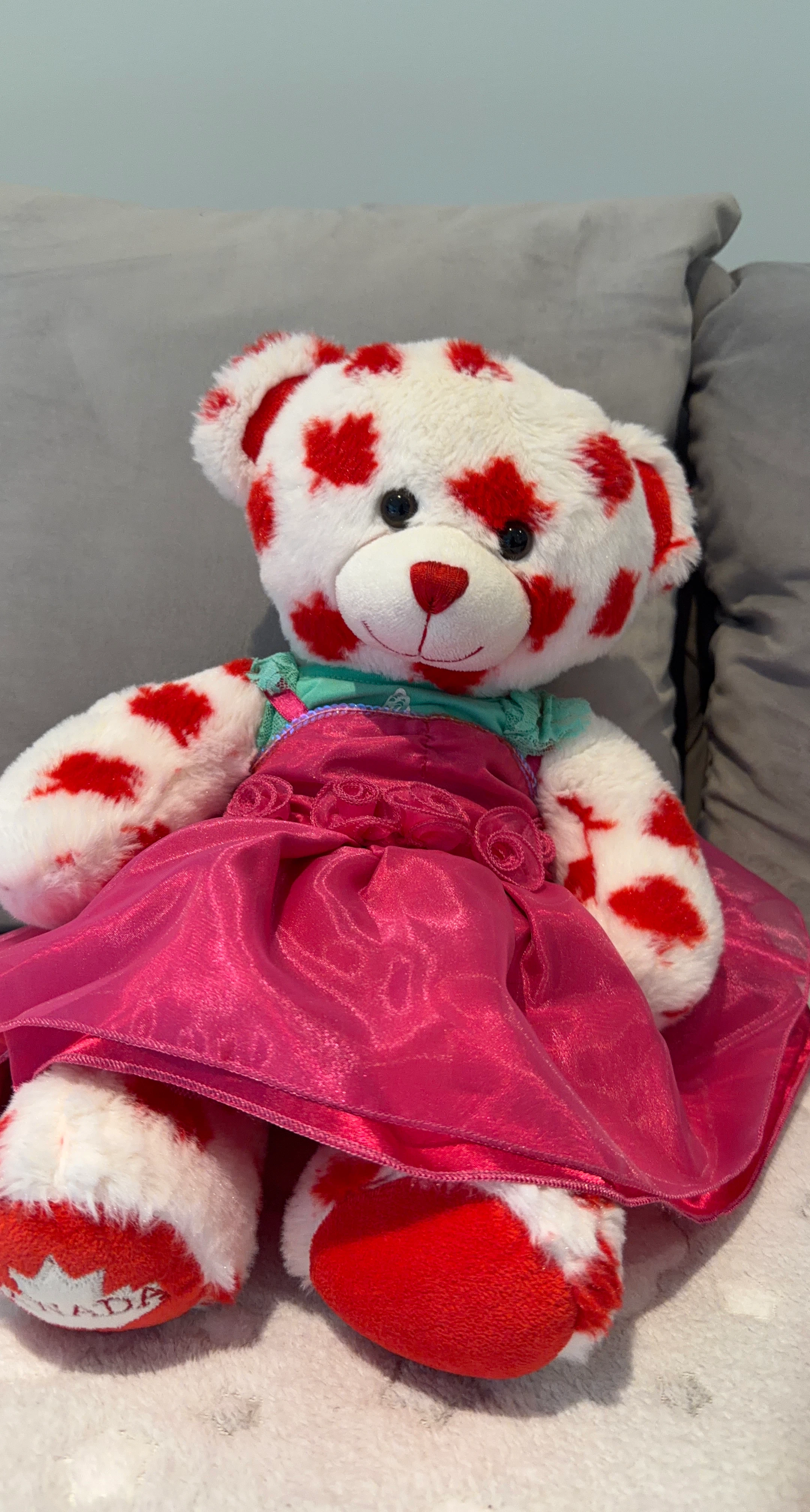 White Teddy Bear with Red Maple Leaves and Pink Dress
