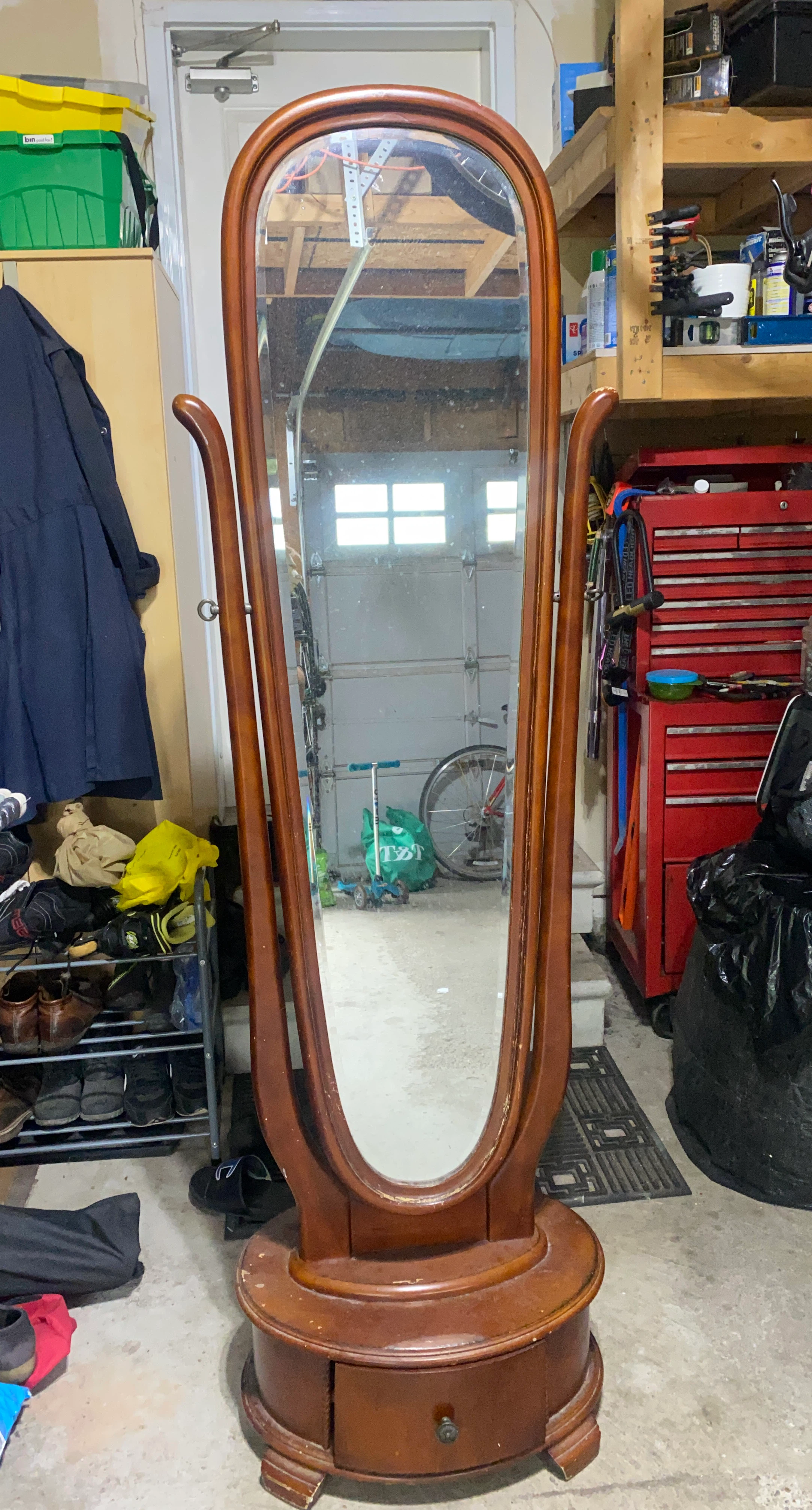 Wooden Cheval Mirror with Drawer