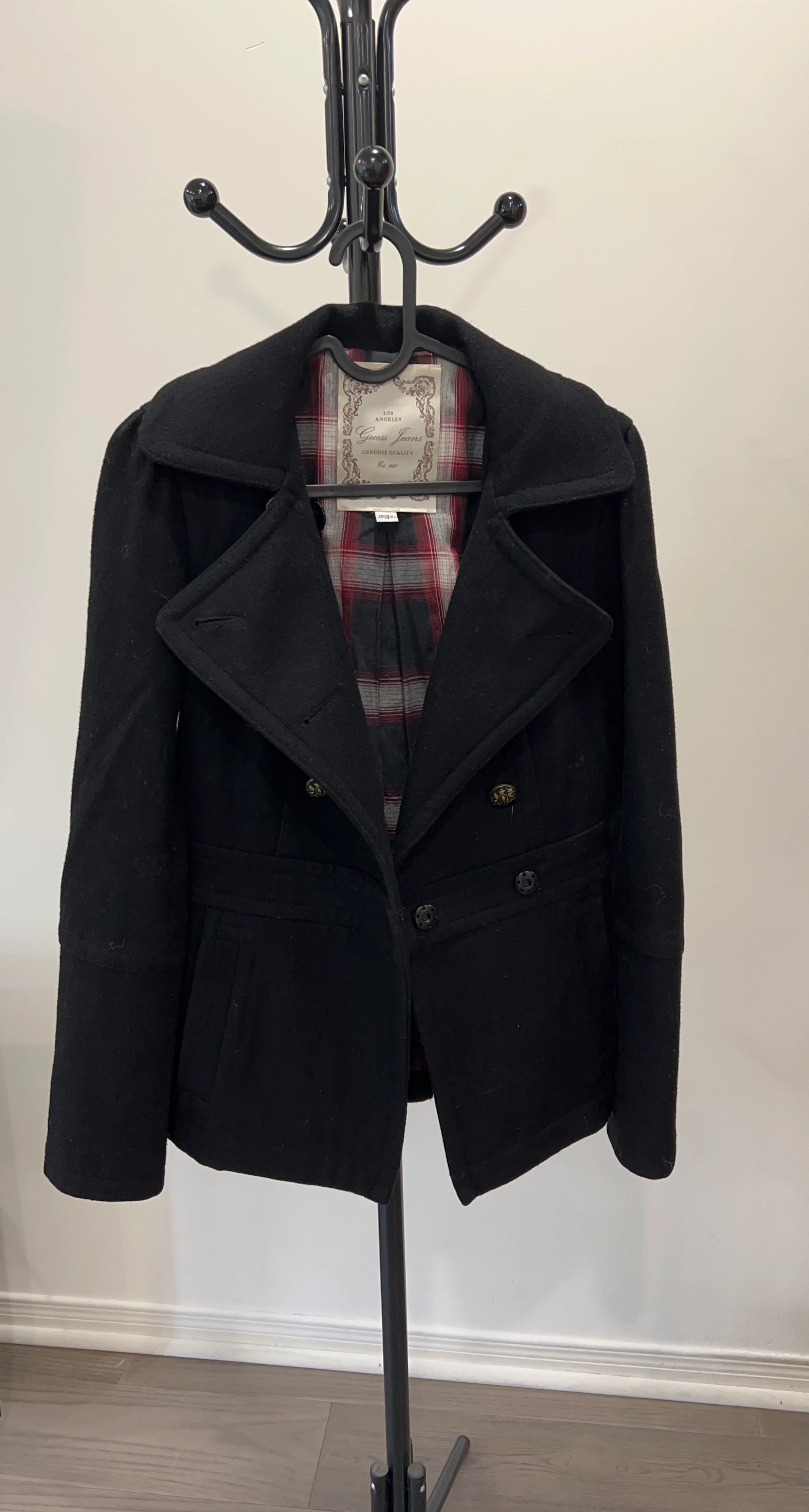 Guess Black Double Breasted Pea Coat