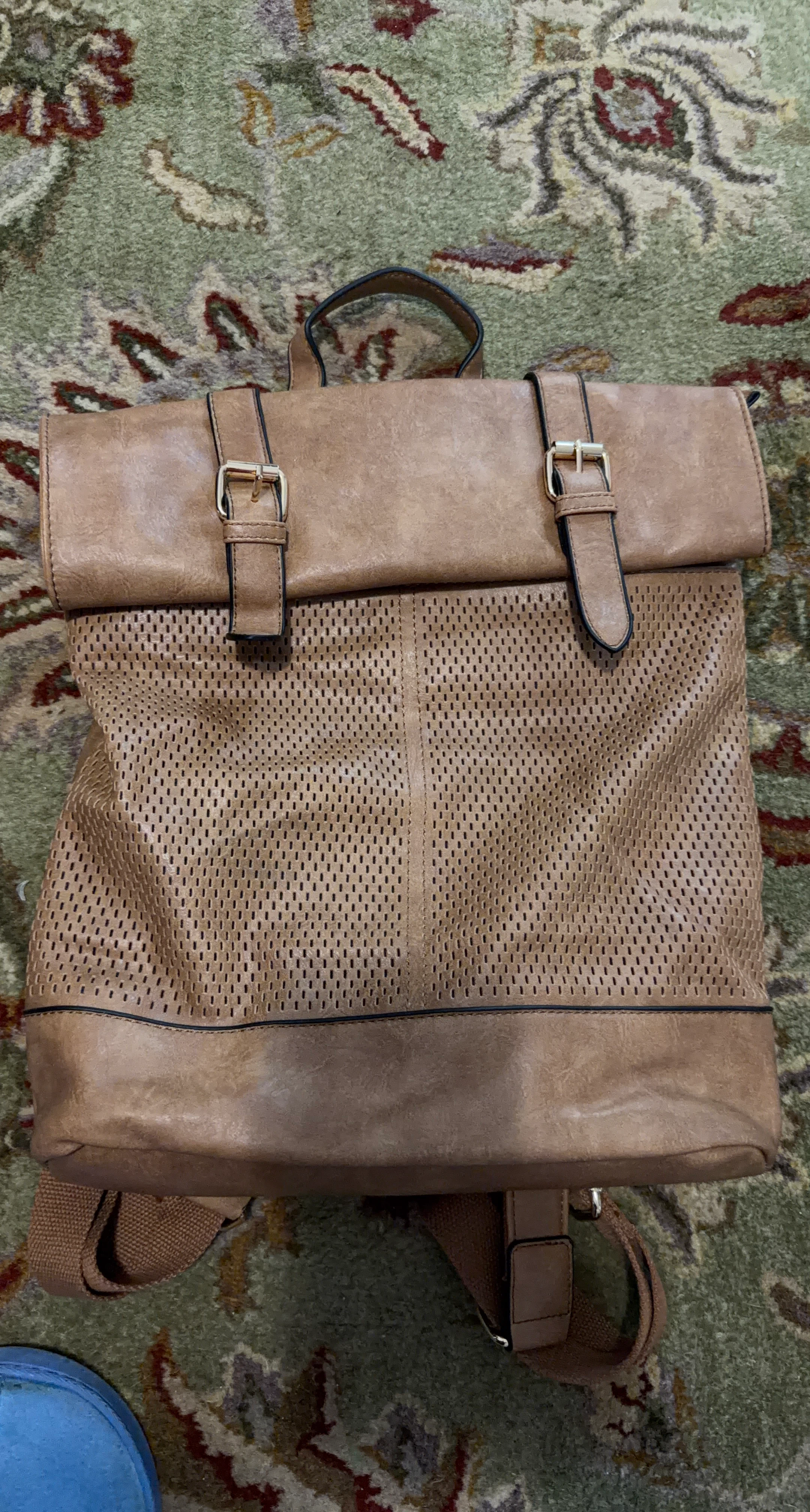 Brown Faux Leather Backpack with Perforated Front