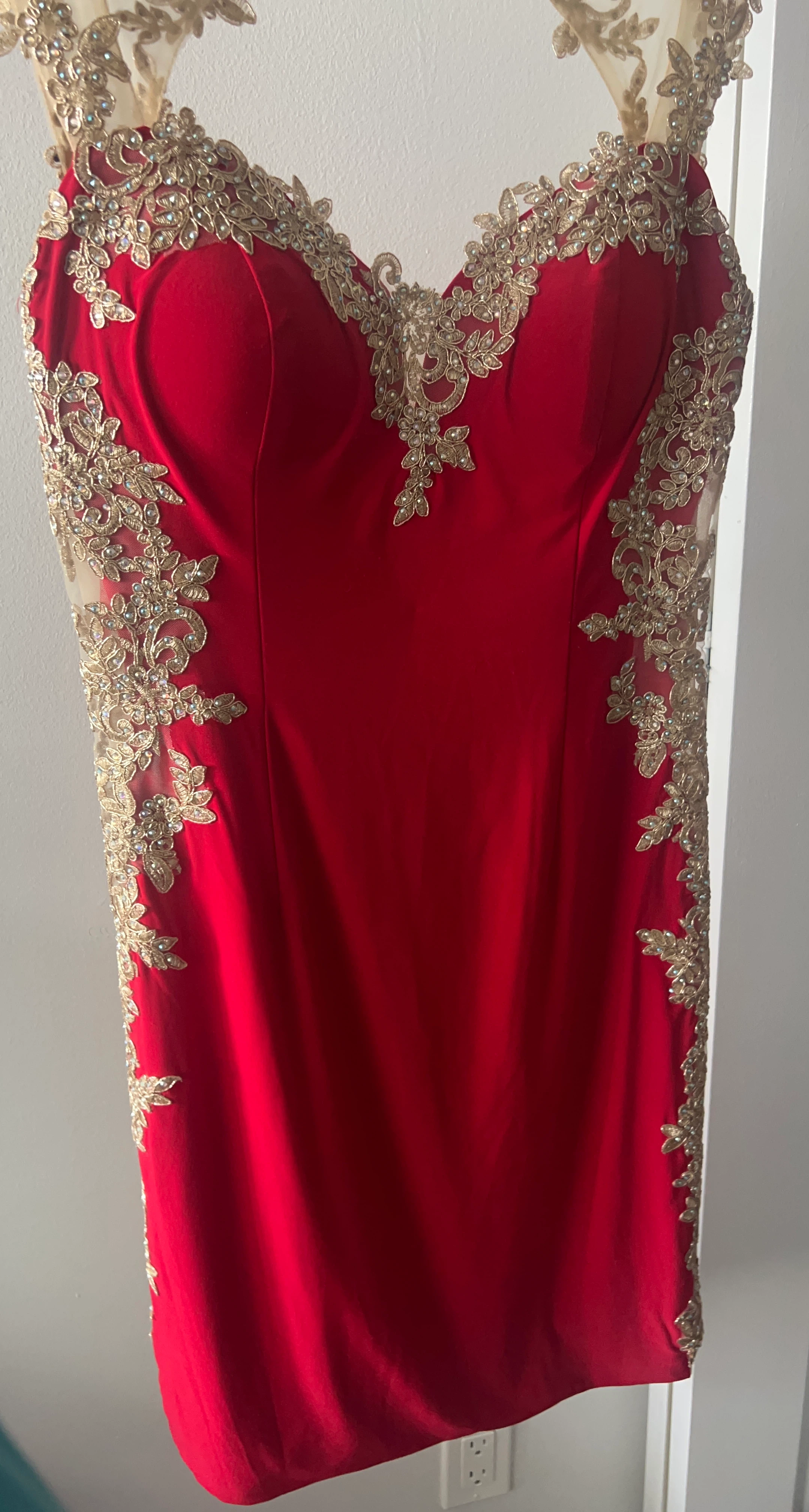 Red Formal Dress with Gold Embellishments