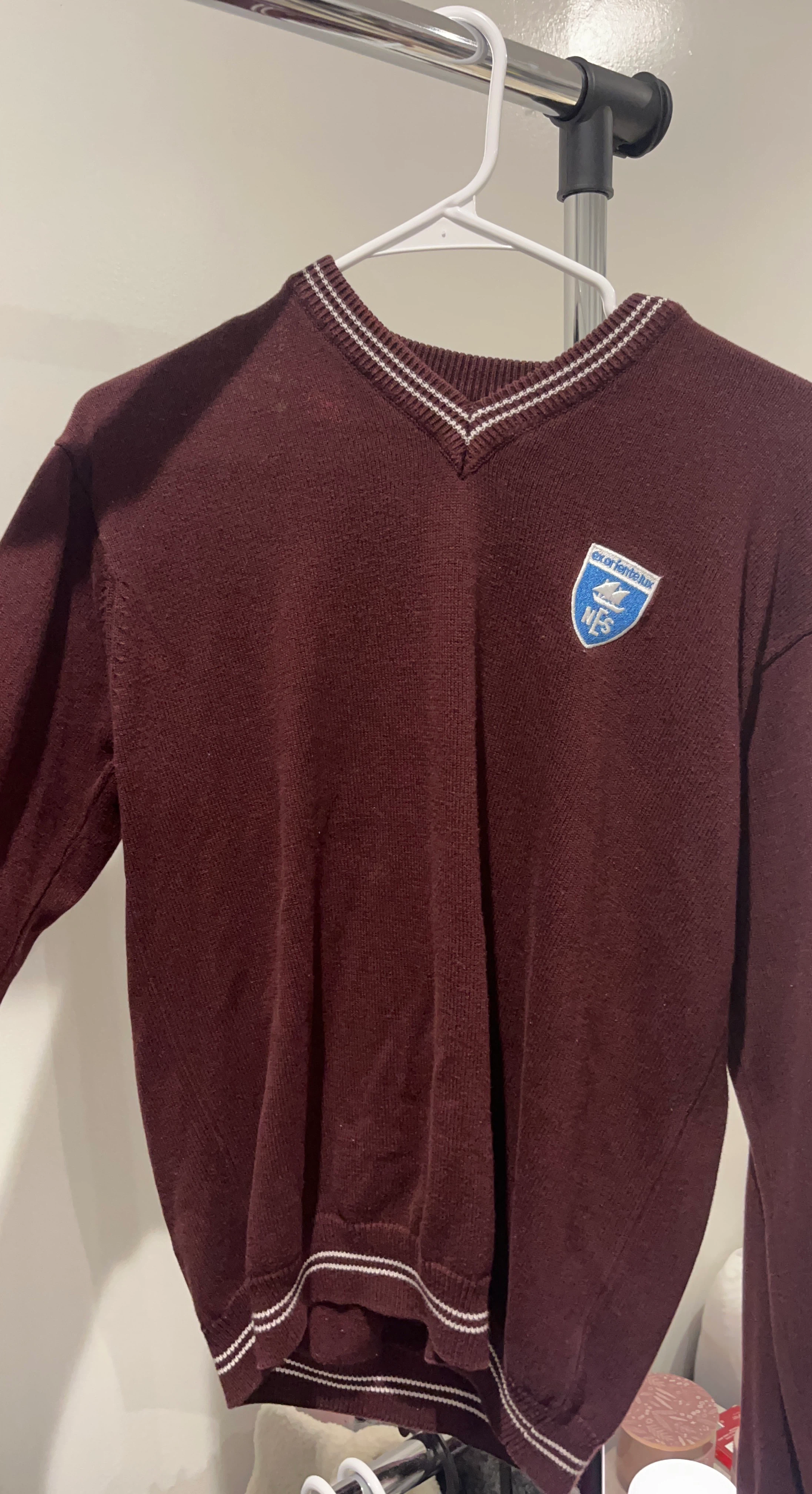Maroon V-Neck Sweater with Crest