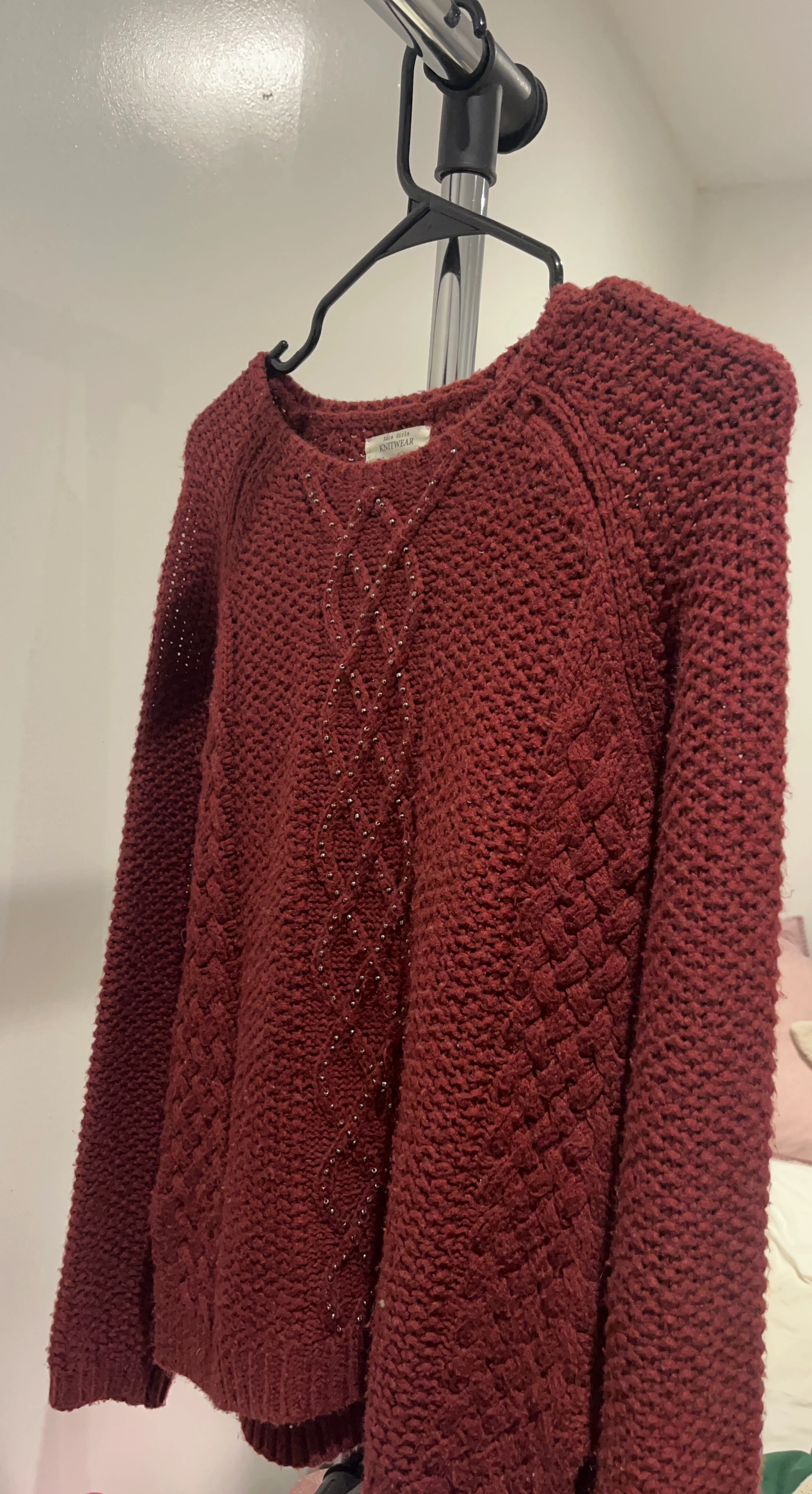 Maroon Cable Knit Sweater with Embellishment