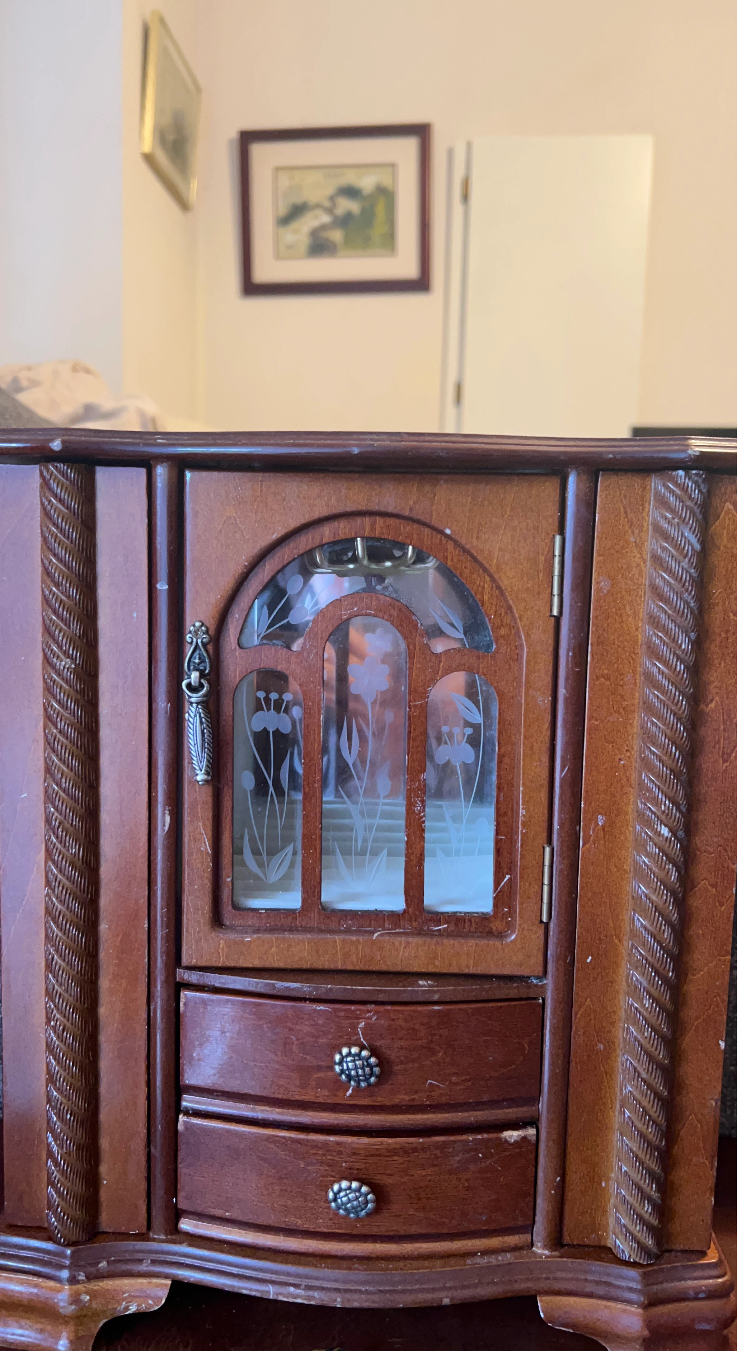 Wooden Jewellery Box with Glass Door and Drawers