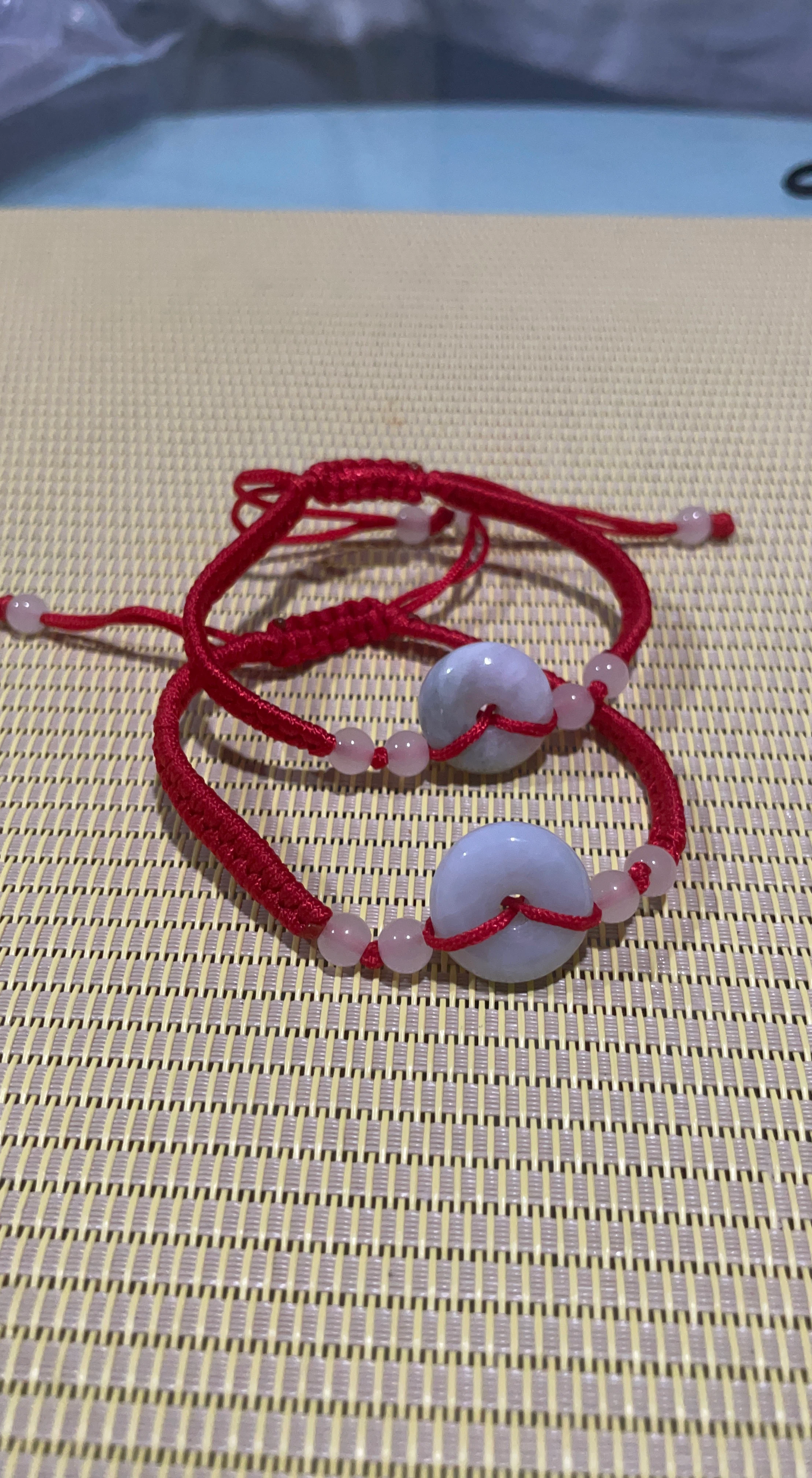 Red String Bracelets with Jade Donut Charms