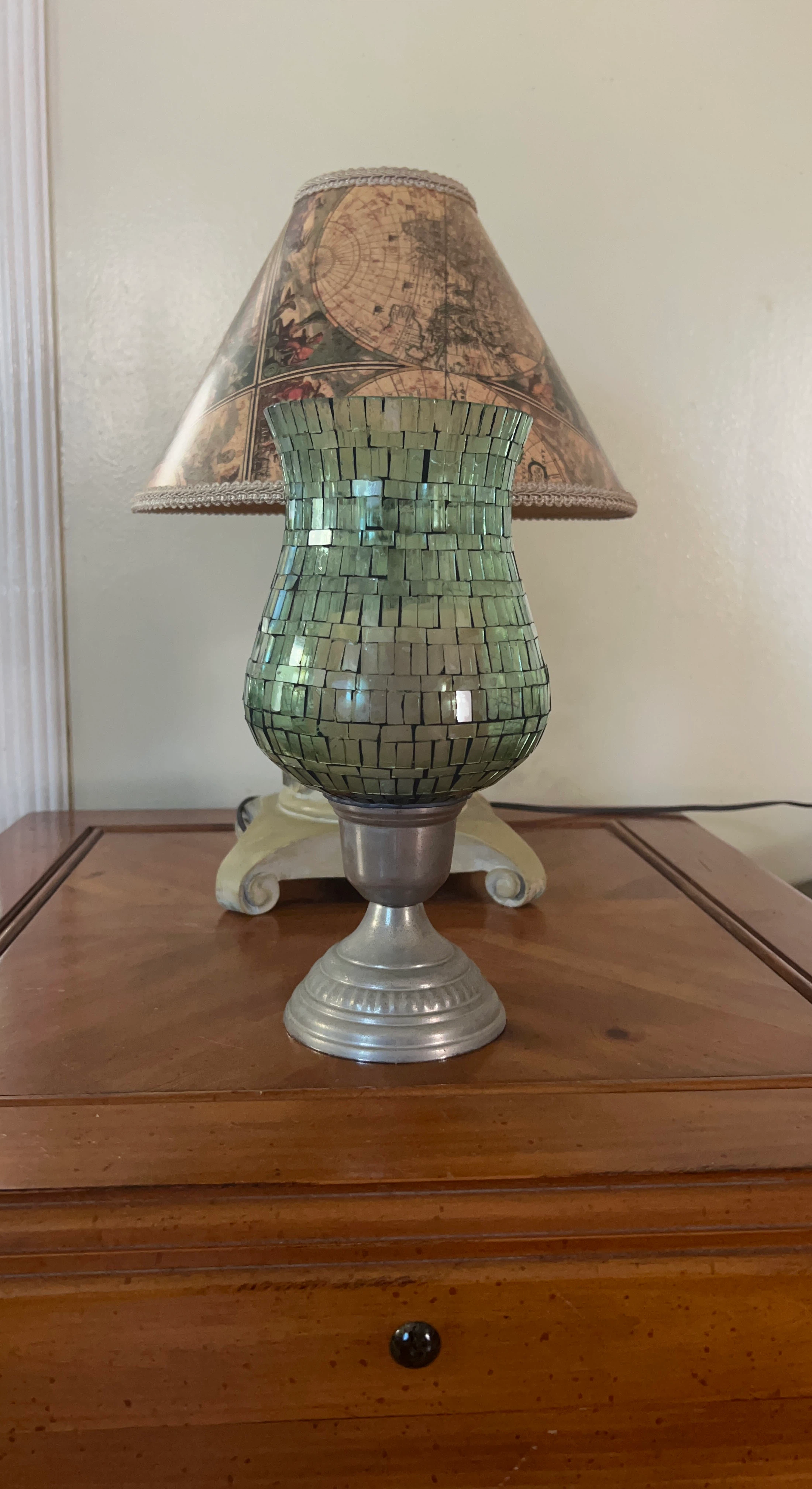 Green Mosaic Glass Hurricane Candle Holder with Map Shade
