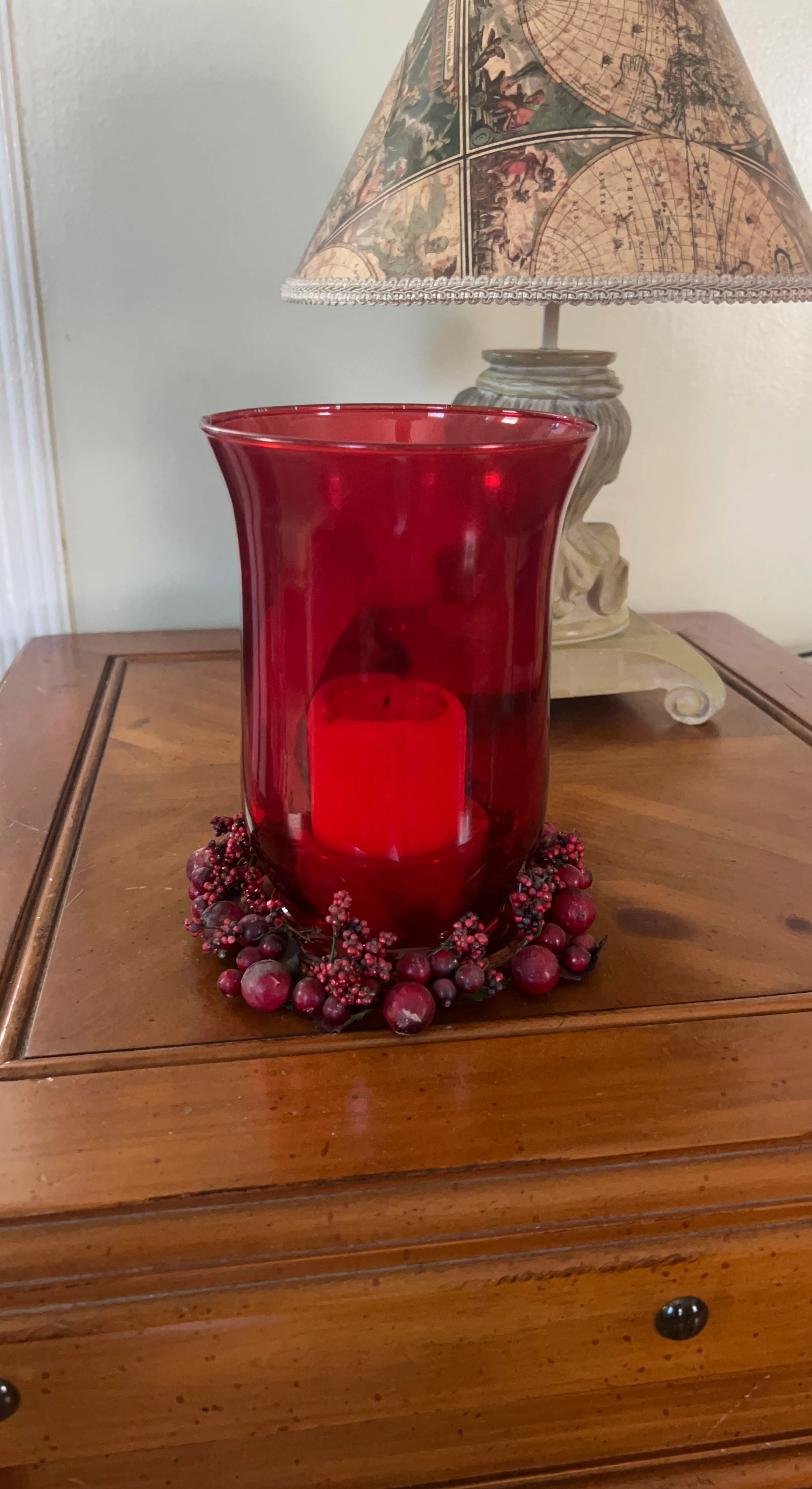 Red Glass Hurricane Candle Holder with Berry Wreath