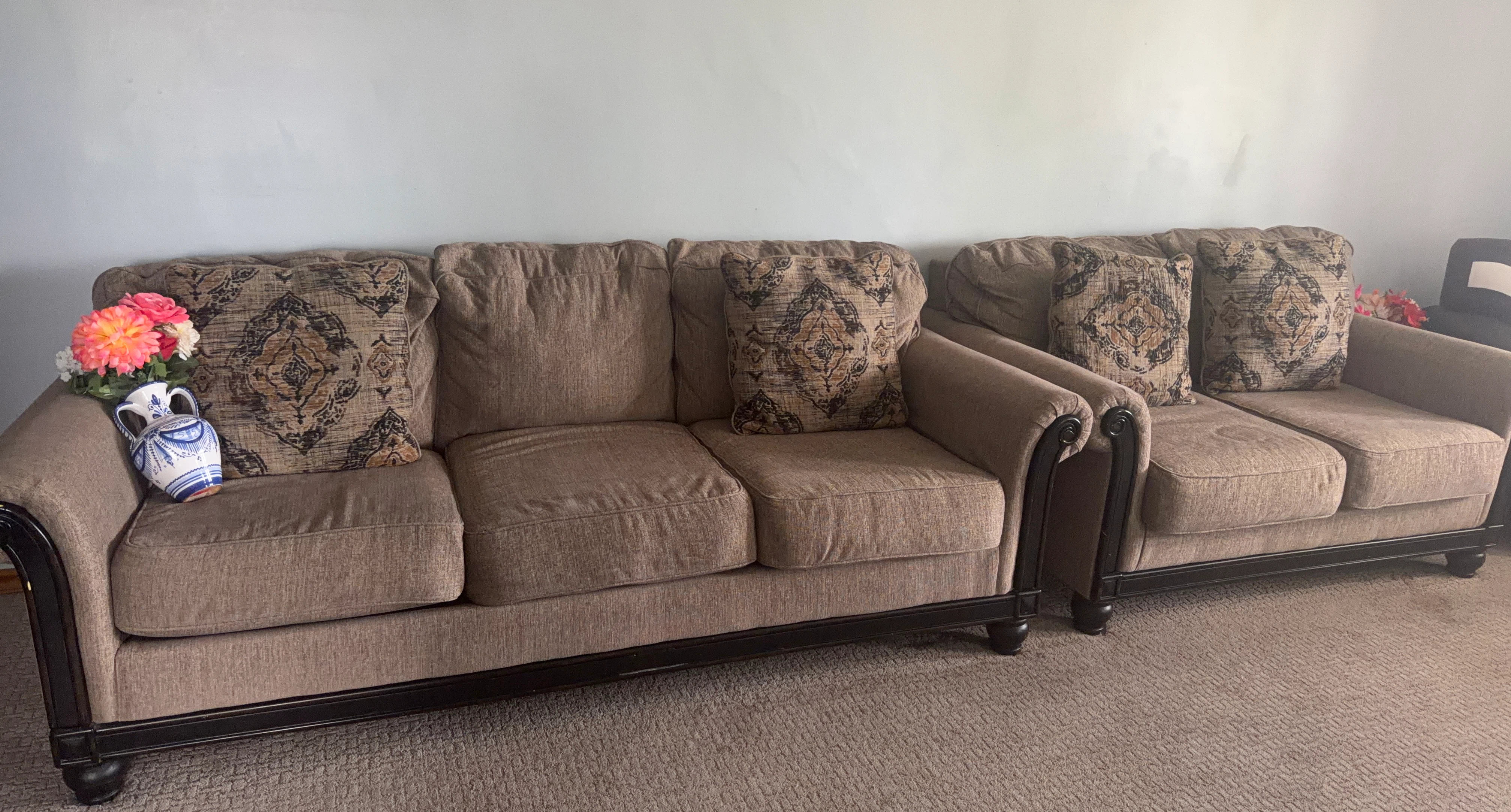 Tan Sofa Set with Decorative Pillows