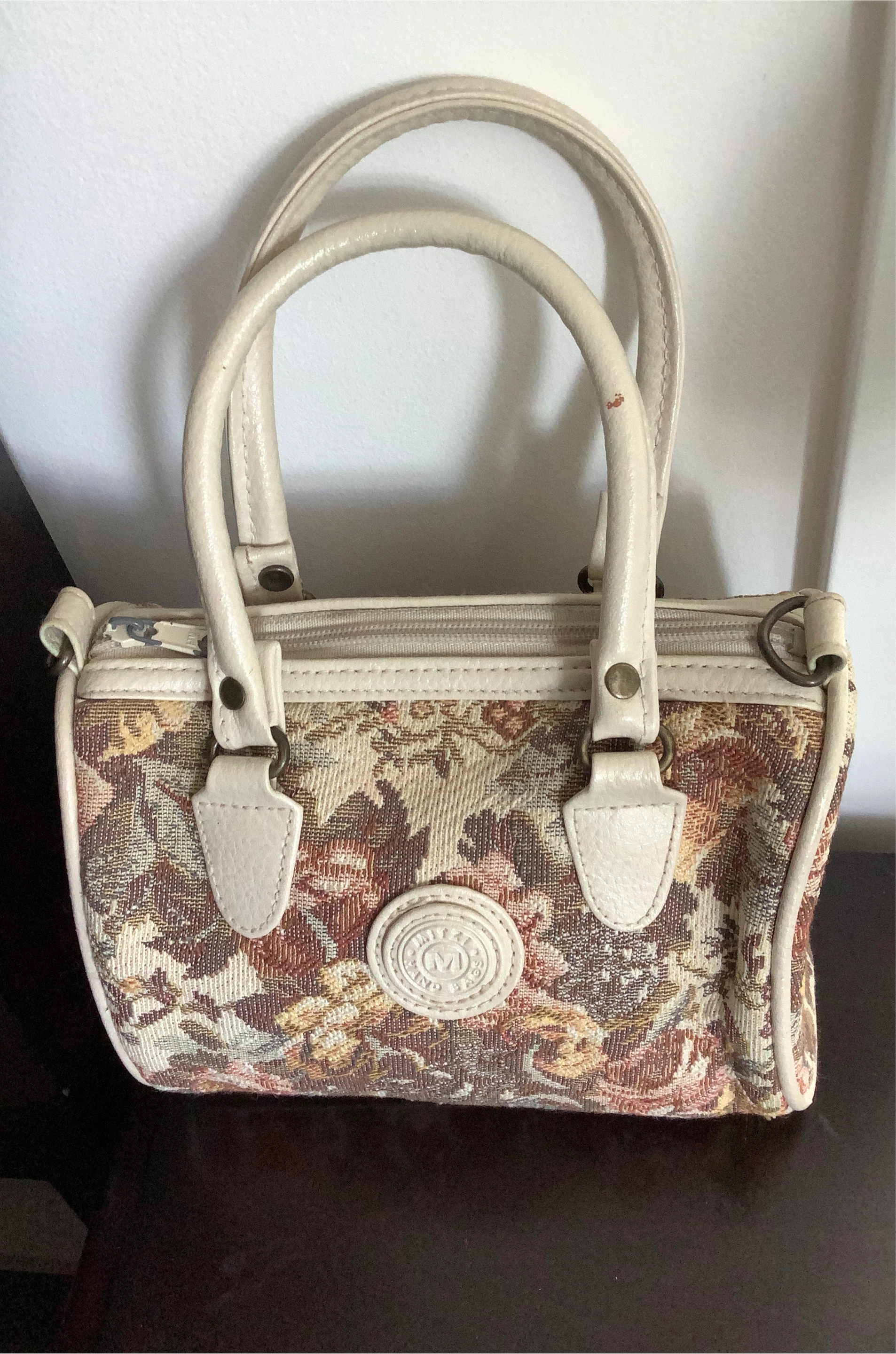 Tapestry Handbag with Leather Trim