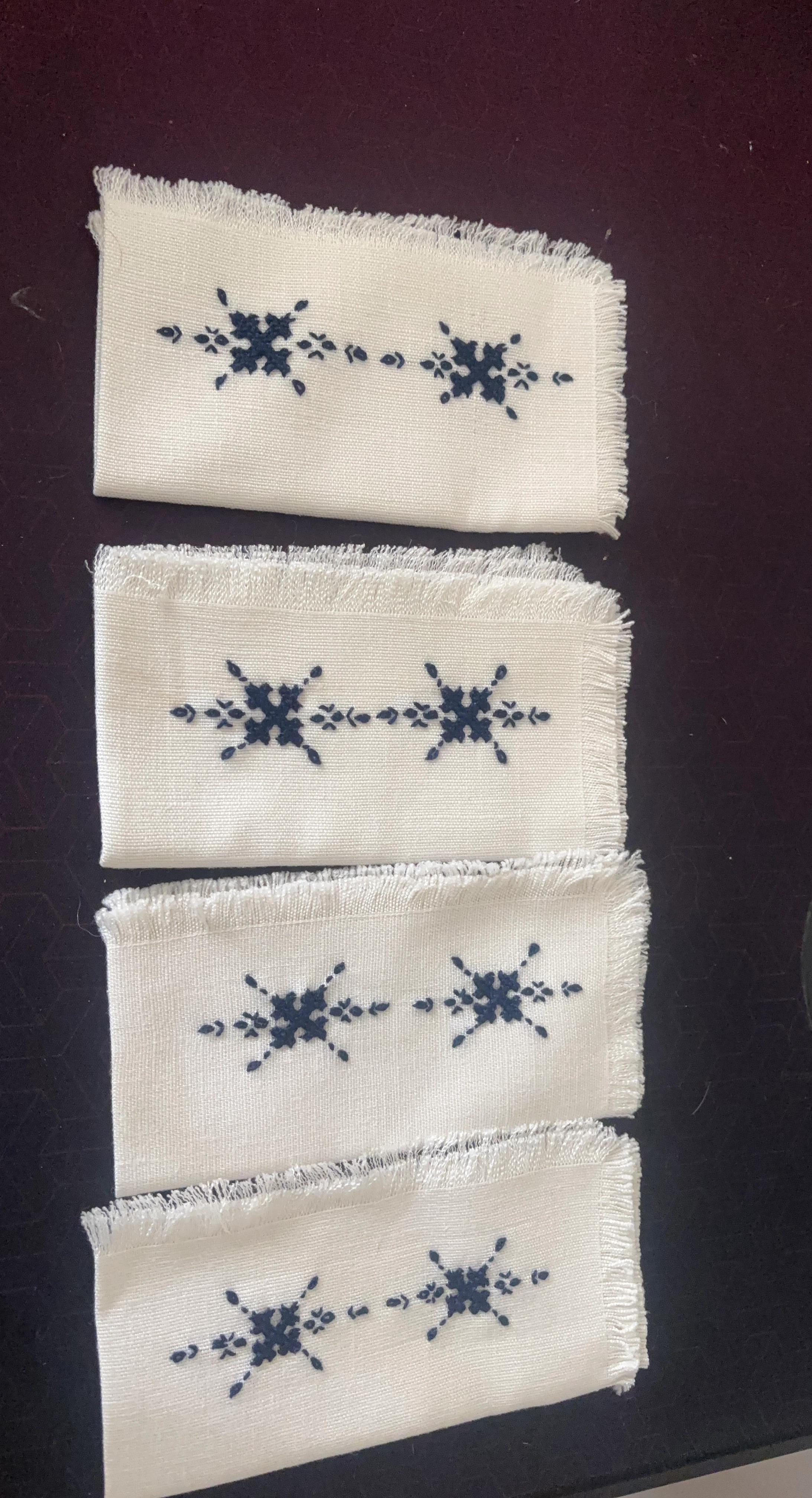 Set of 4 Embroidered  Linen Napkins with Fringed Edges