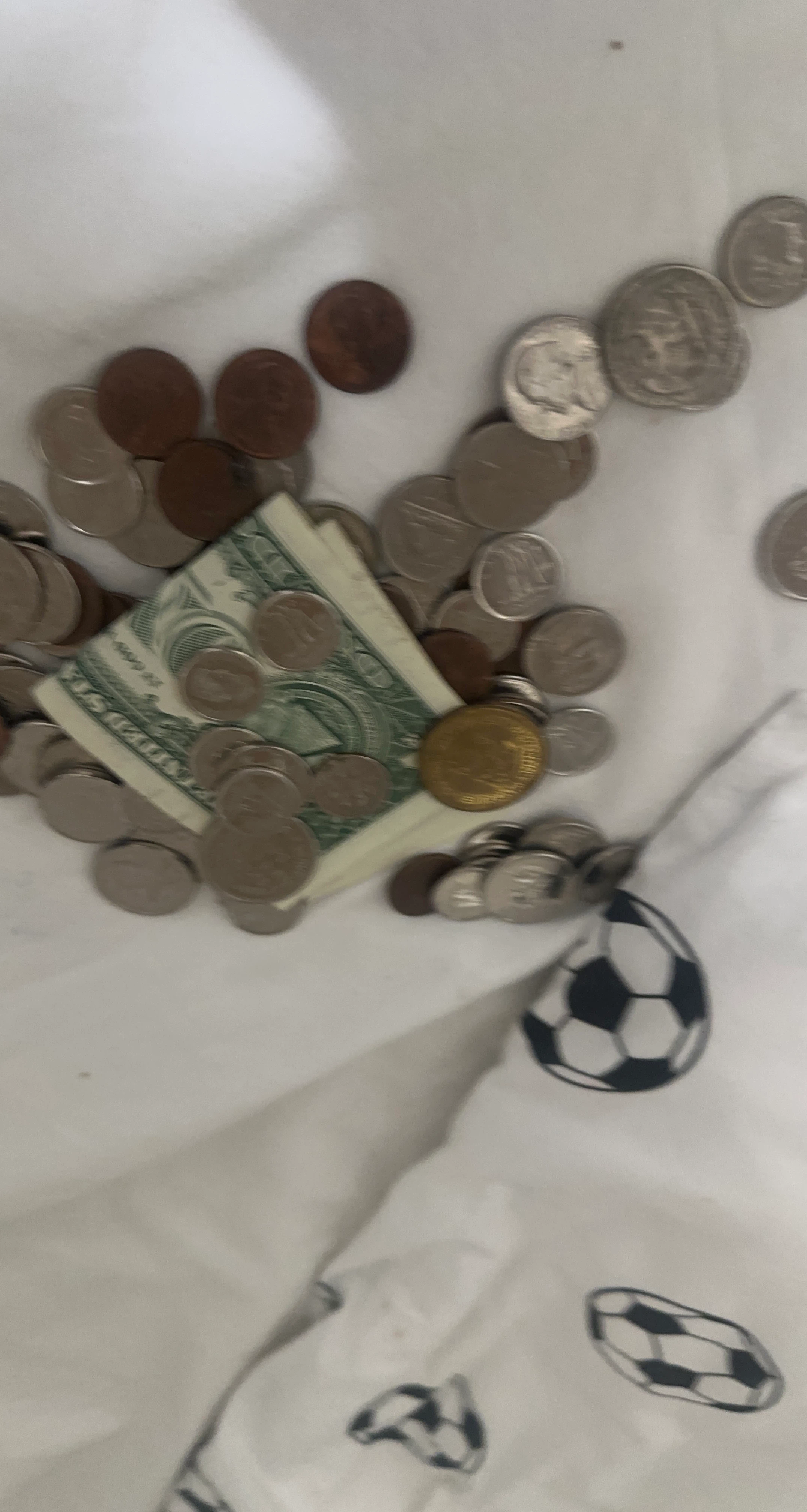 Mixed Canadian Coins and One Dollar Bill