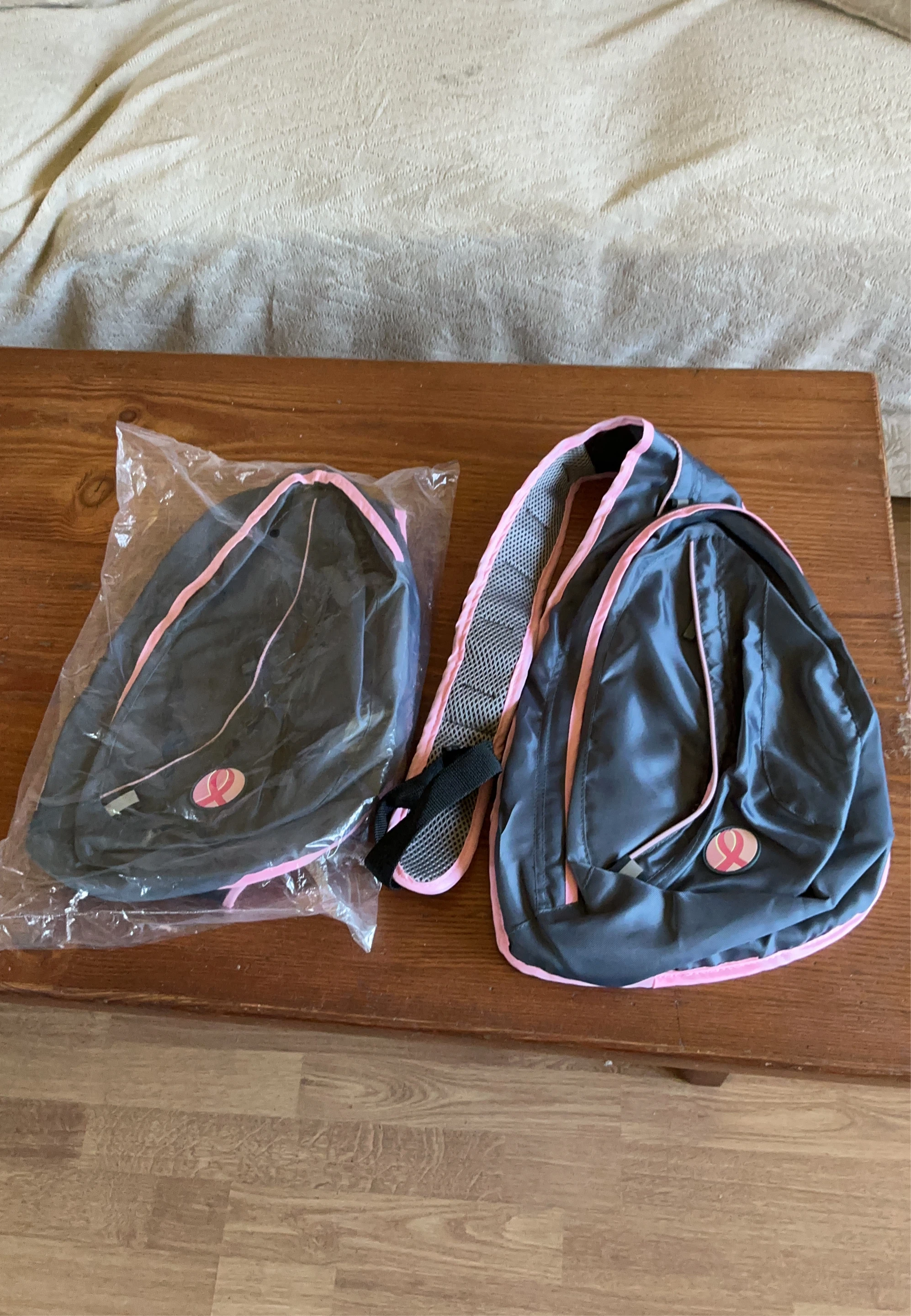 Grey and Pink Sling Bag with Breast Cancer Ribbon