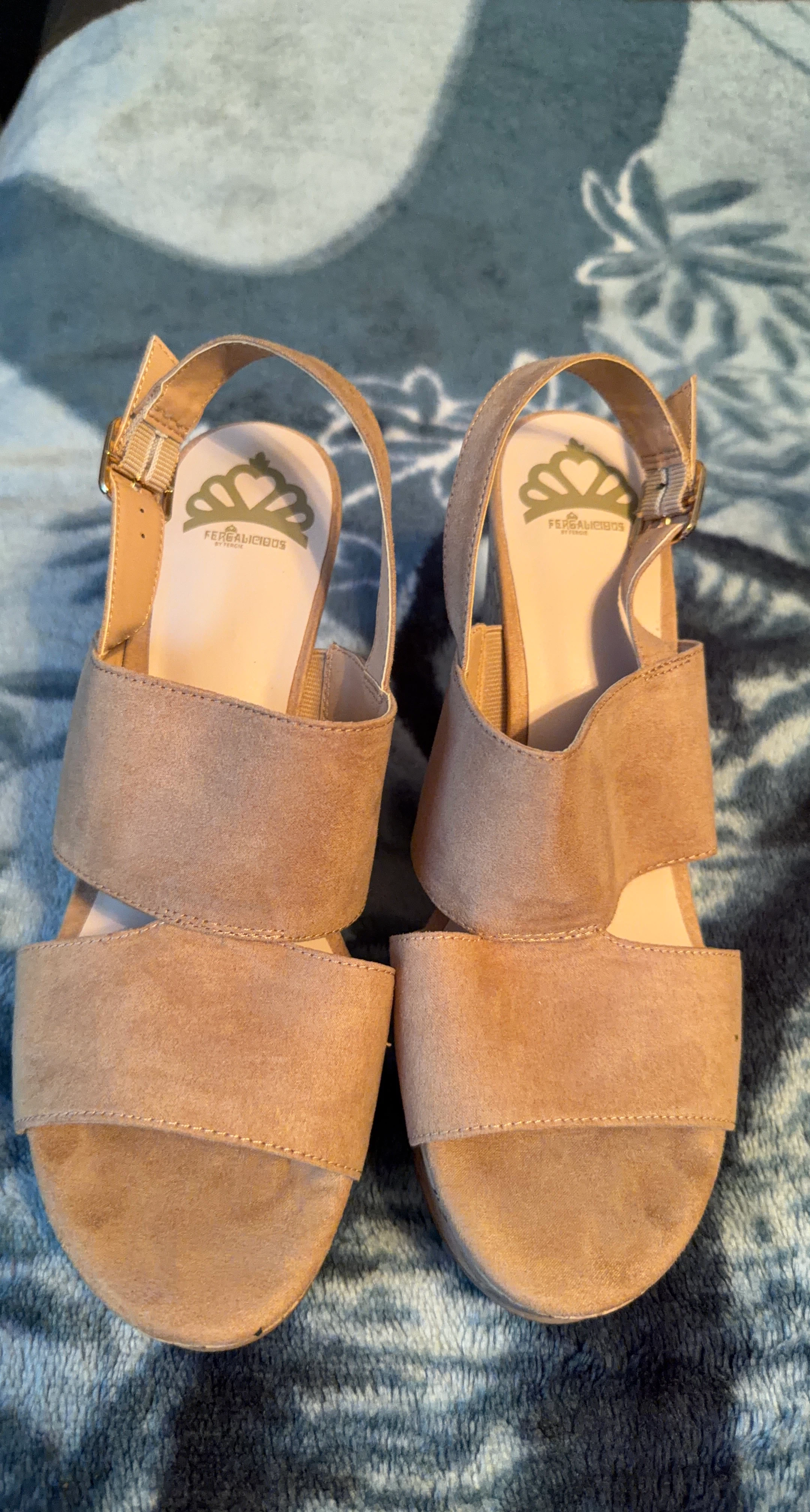 Fergalicious Women's Tan Suede Wedge Sandals
