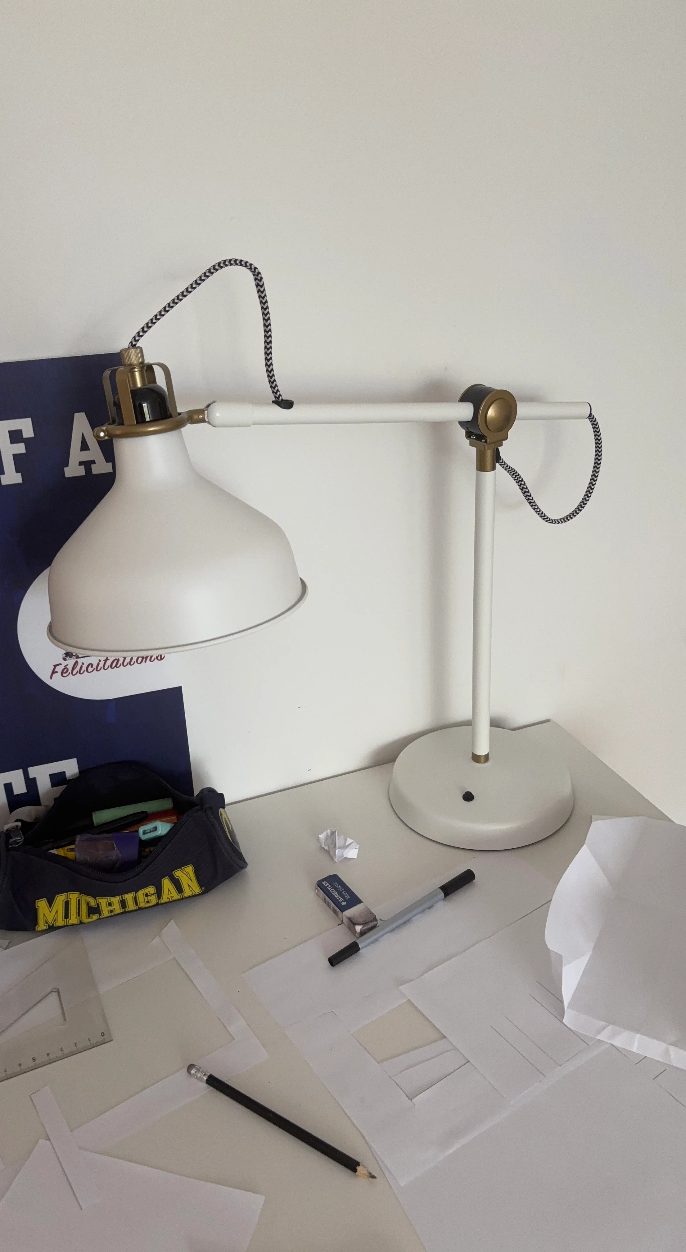 White Desk Lamp with Brass Accents