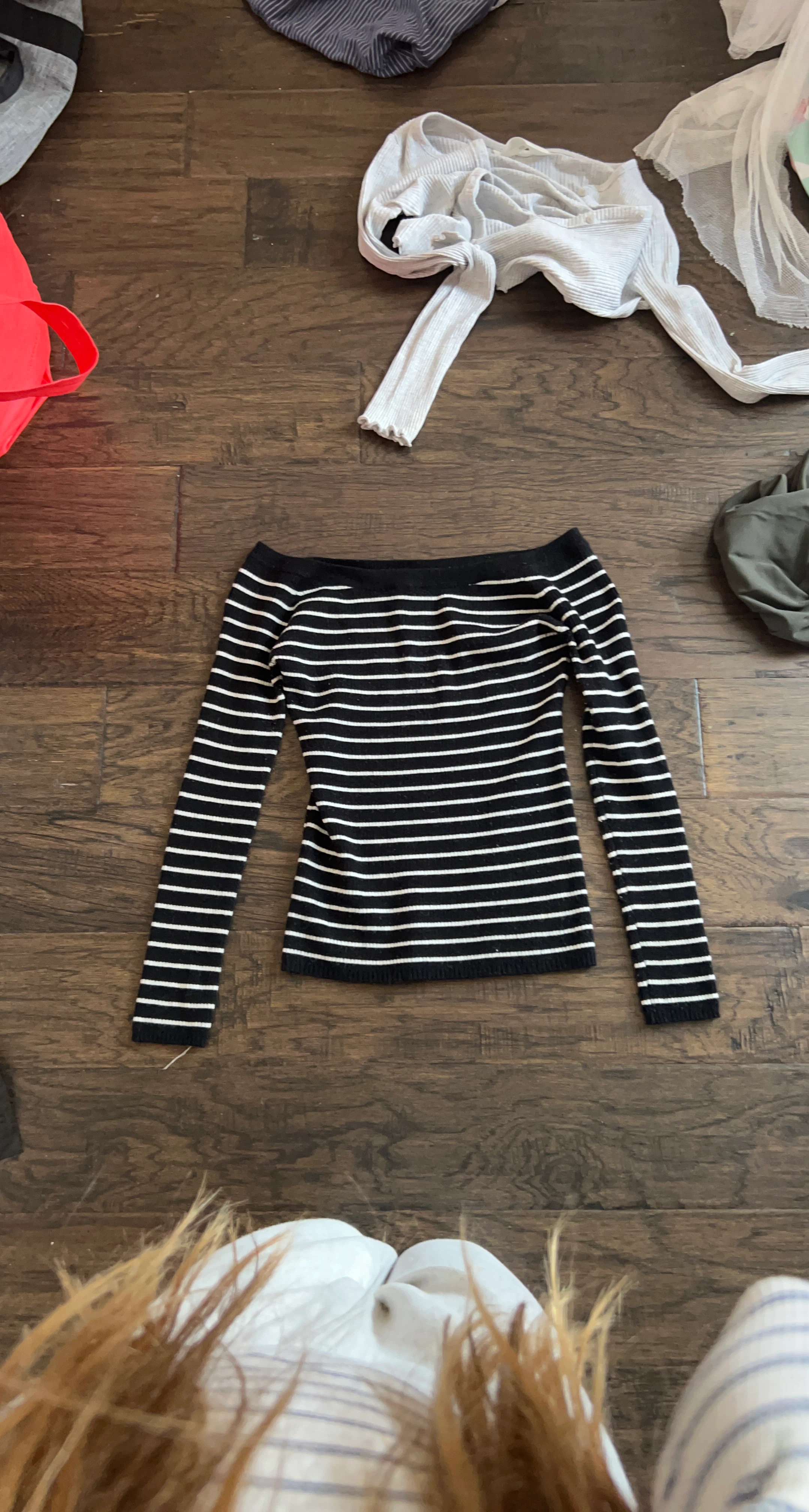 Black and White Striped Off-the-Shoulder Long Sleeve Top