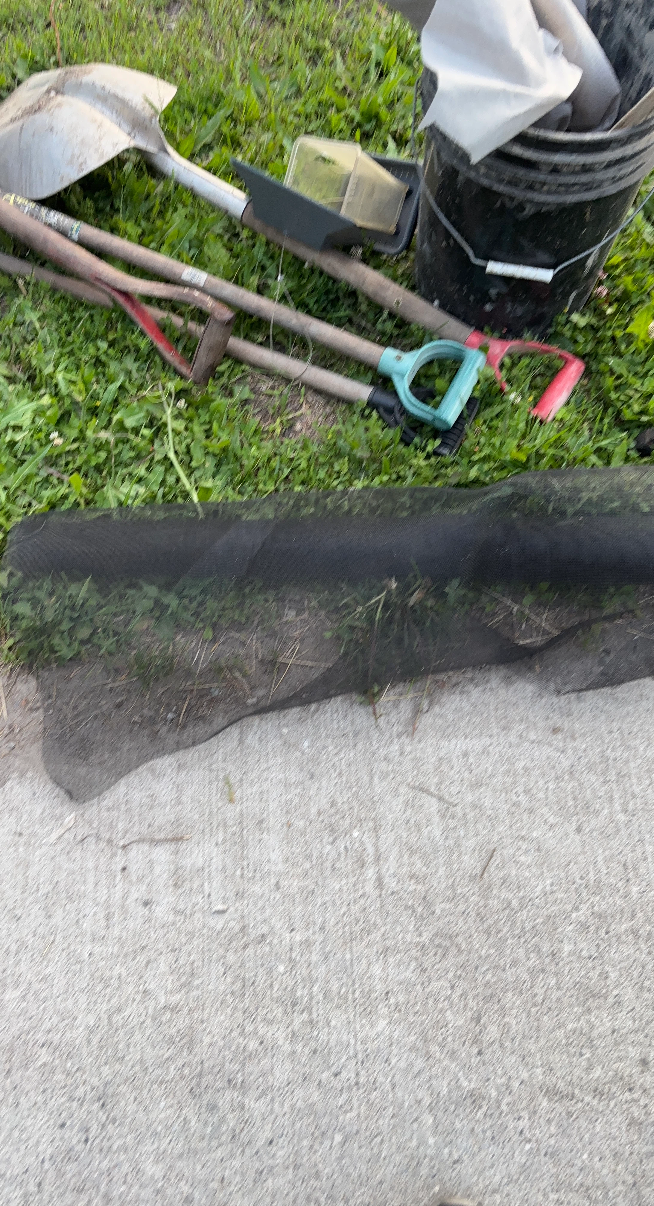 Gardening Tools Lot with Shovels, Hoe, Rake, and Bucket