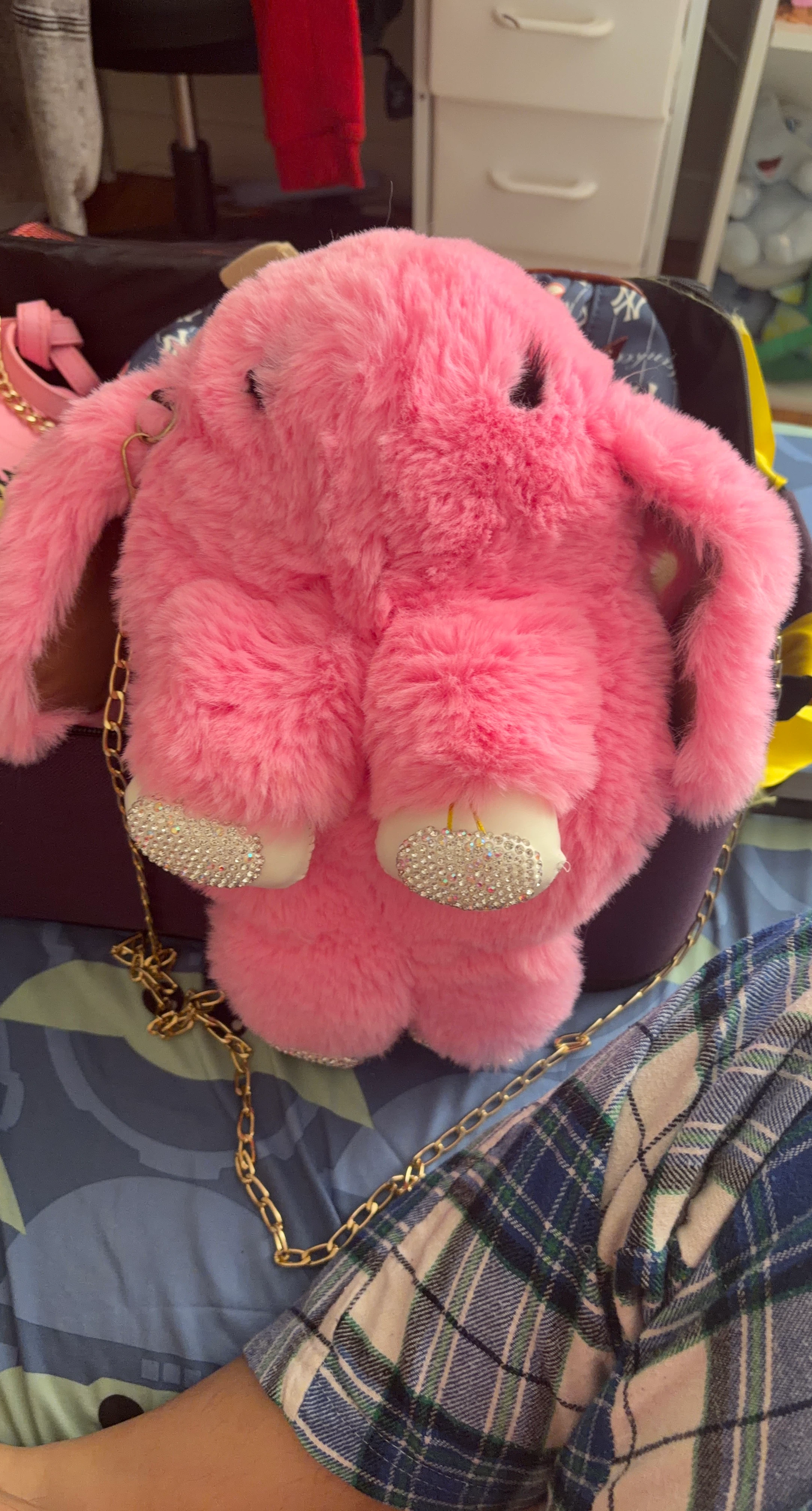 Pink Fuzzy Bunny Purse with Rhinestone Feet