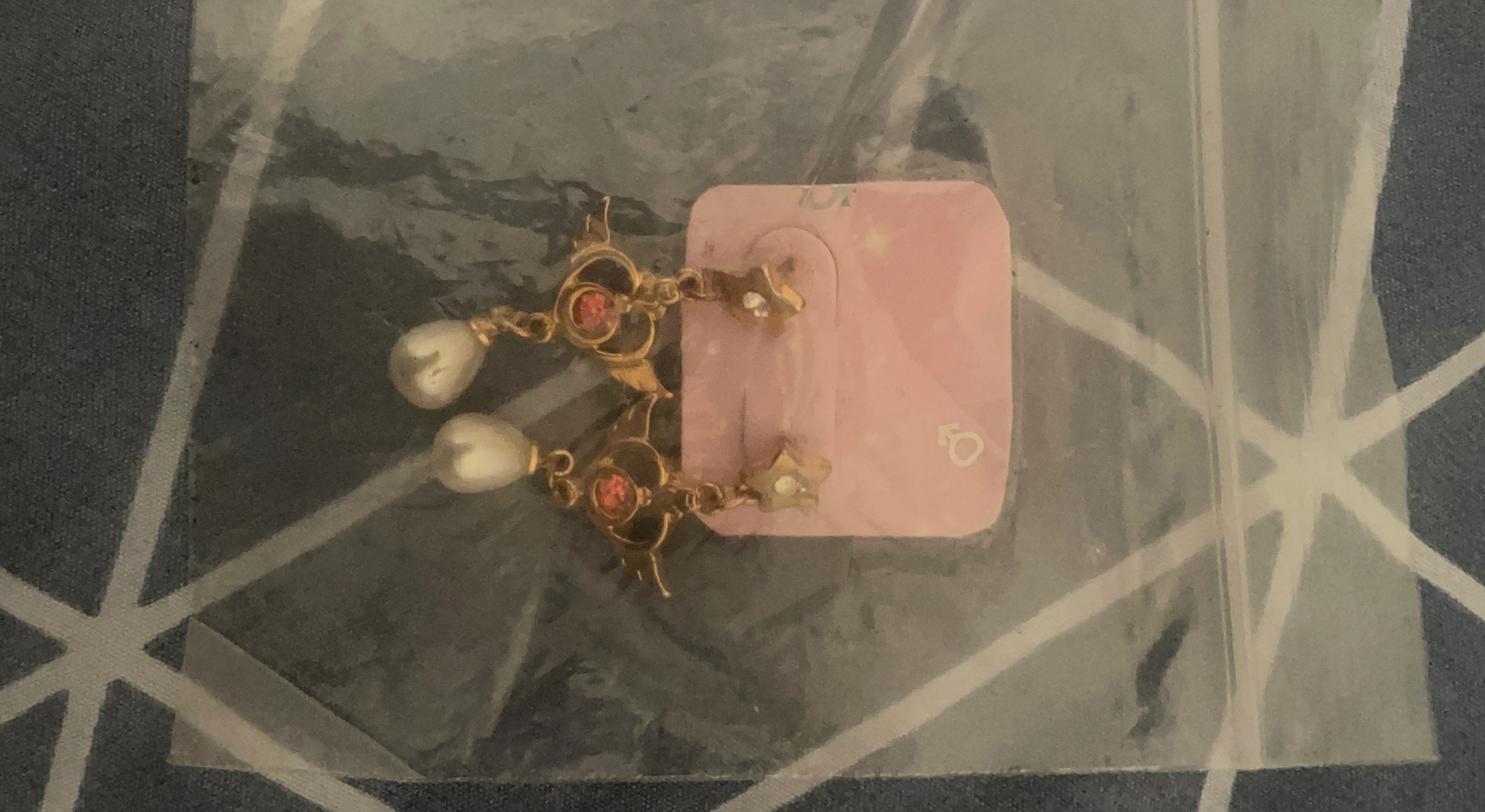Gold Tone Dangle Earrings with Pearls and Red Gems