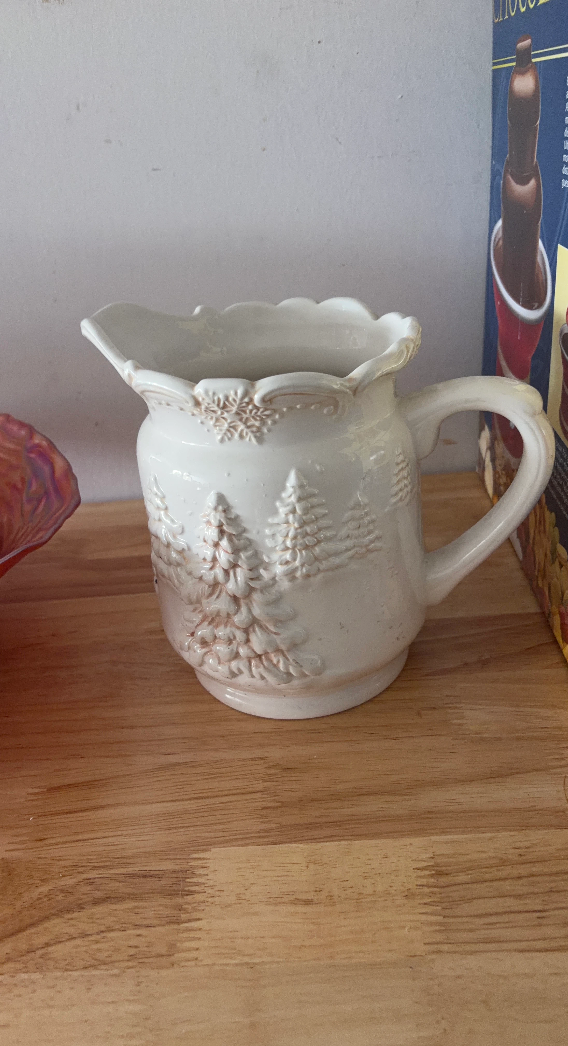 White Creamer Pitcher with Christmas Trees and Snowflakes