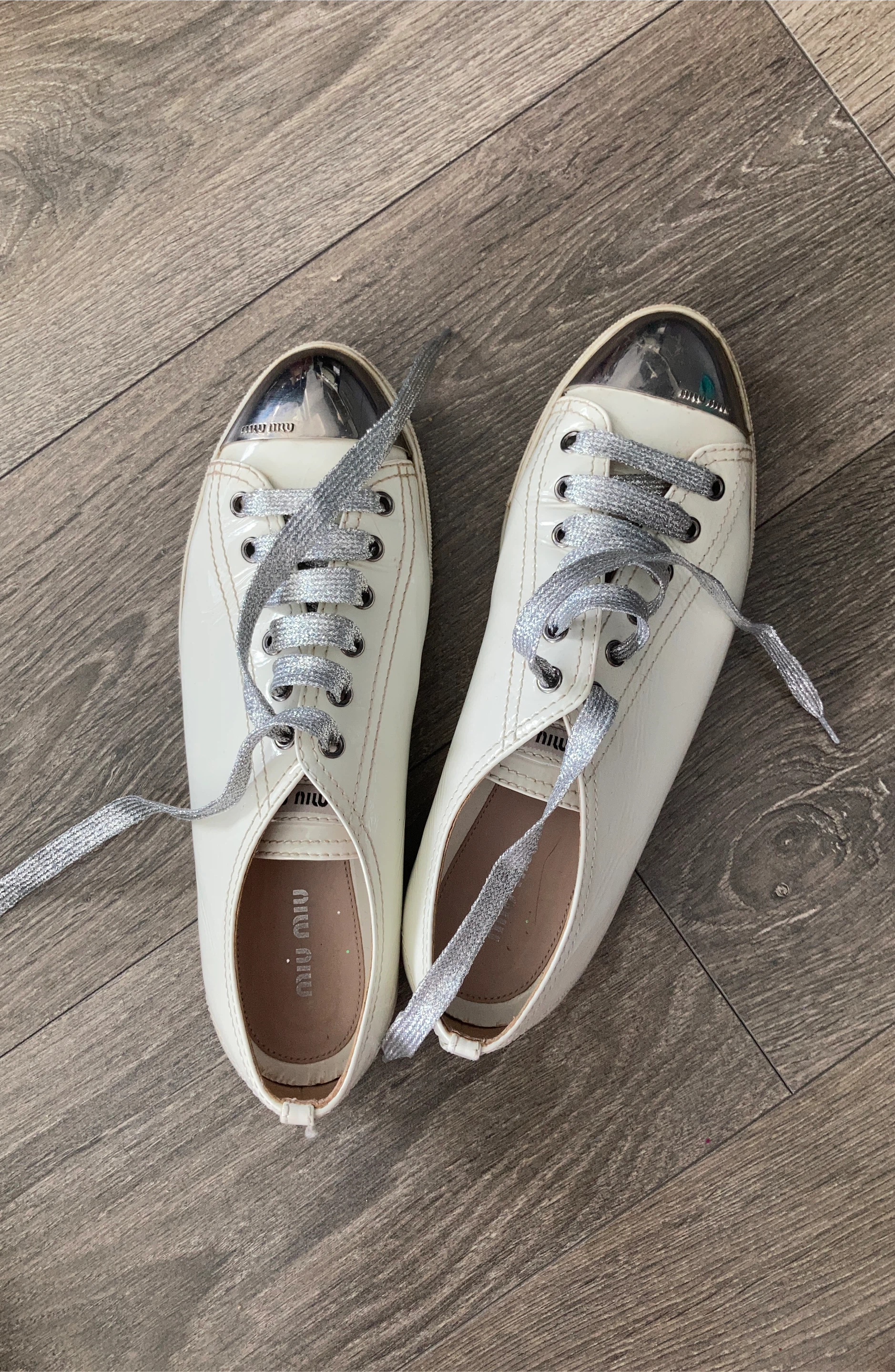 Miu Miu White Patent Leather Sneakers with Silver Laces
