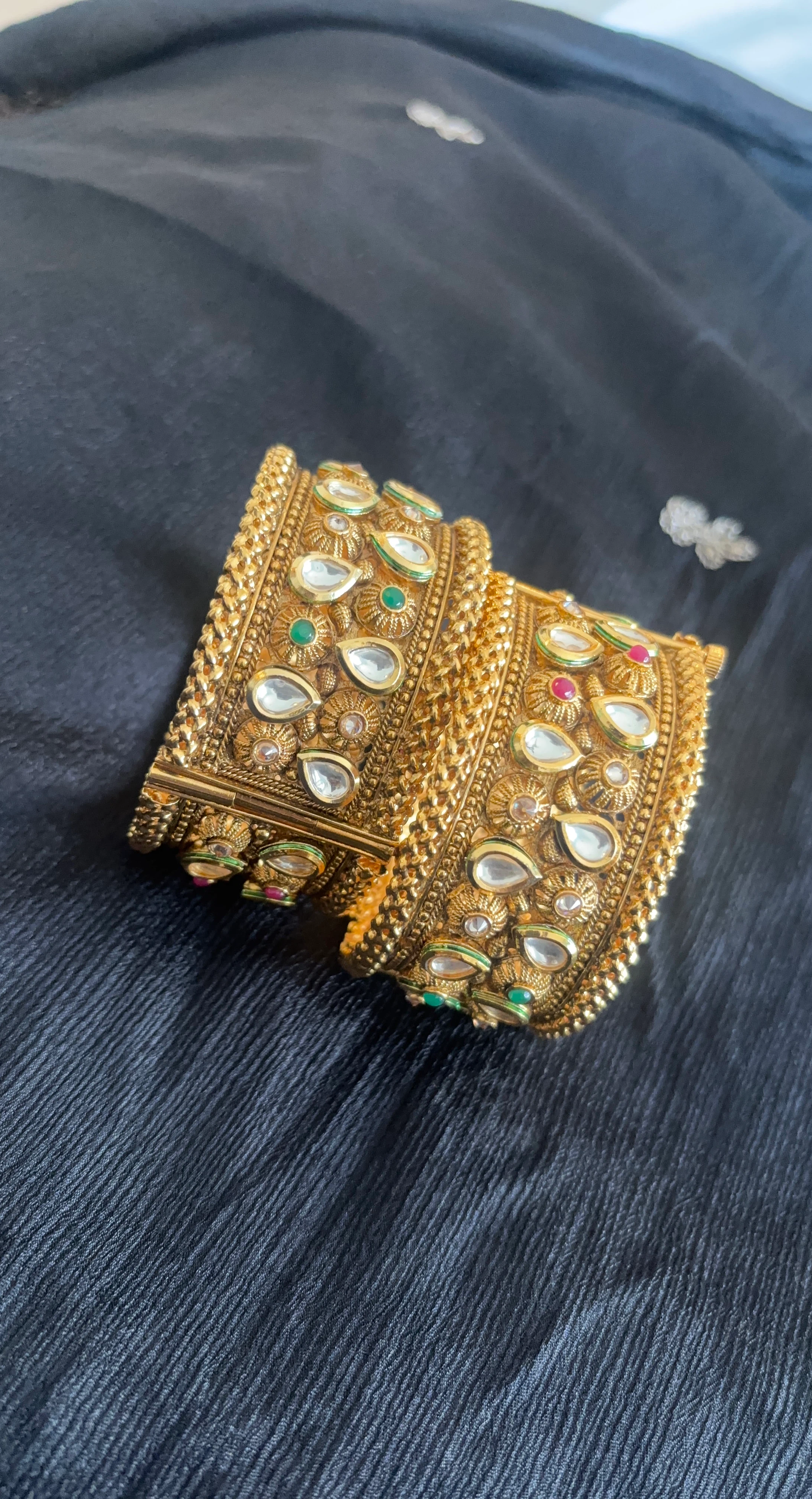 Gold Bangle Set with White and Green Stones